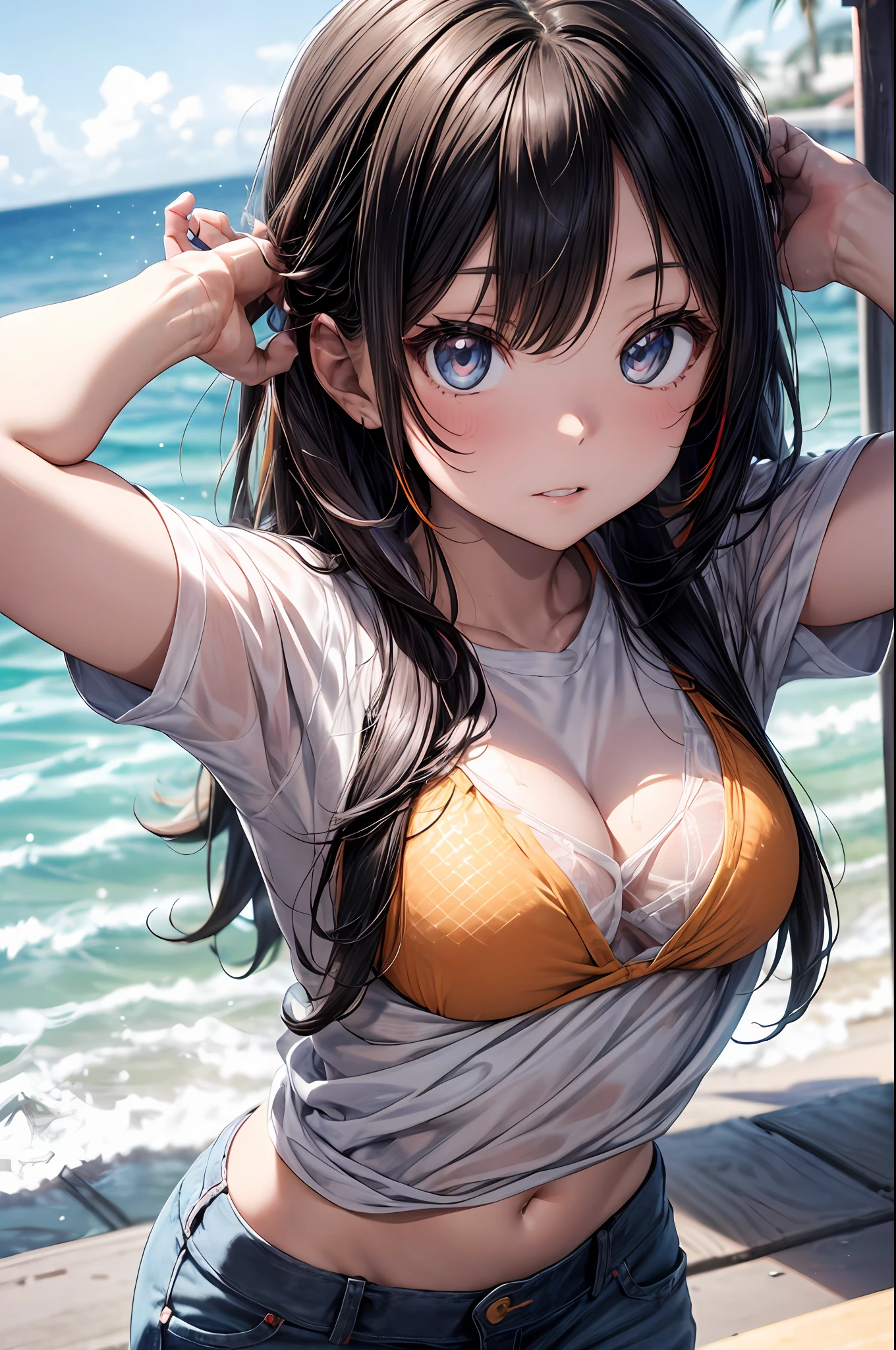((Halftone)), (masterpiece), (best quality), (official art, extremely detailed CG unity 8k wallpaper), (highly detailed), ((absurdness)), (best shadow), (detailed background), (delicate eyes, captivating eyes, complex eyes, detailed eyes, perfect eyes), (perfect anatomy), ((Handsome Girl)), ((Upper body)), (light:1.2), (colorful), one side up, (high angle shot), dynamic angle, sharp eyes, long eyelashes, a anime girl Asian tomboy character, 1 girl, solo, (black hair), (orange hair), (multicolored hair), (medium straight hair, chin length), Beach, (sunlight:1.4), orange bikini, sunglasses, (short jeans), navel, (Raise your arms and gather your hair:1.5), scruff, (Popsicle stains), shiny skin, shiny body, bad-girl, mature female, nice hands perfect hands, (Tsurime Eyes),