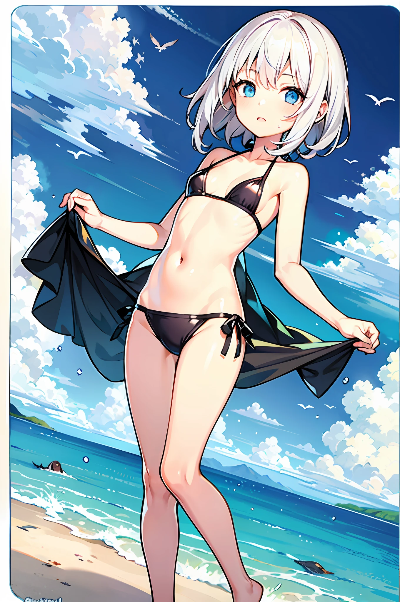 1girl, li, ocean, bikini, urine, seagull, flat chest, white hair, high quality, high resolution, dull hair, blue eyes