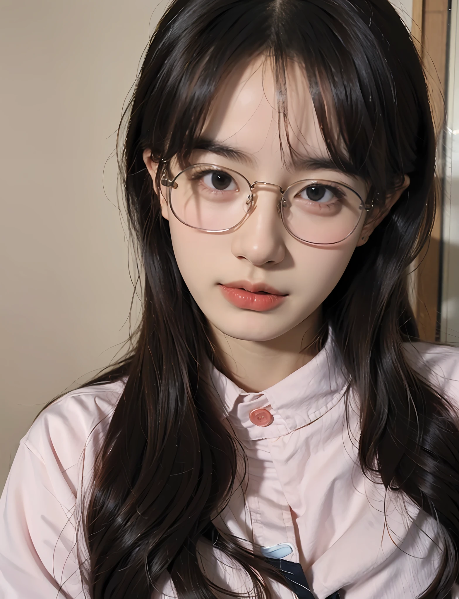 (Large breast:1.4),(shirt:1.4),(Best quality,masterpiece,ultra high res,(photorealistic:1.4),1girl,(16 years old:1.4),(partially unbuttoned:1.5),(glasses:1.4)