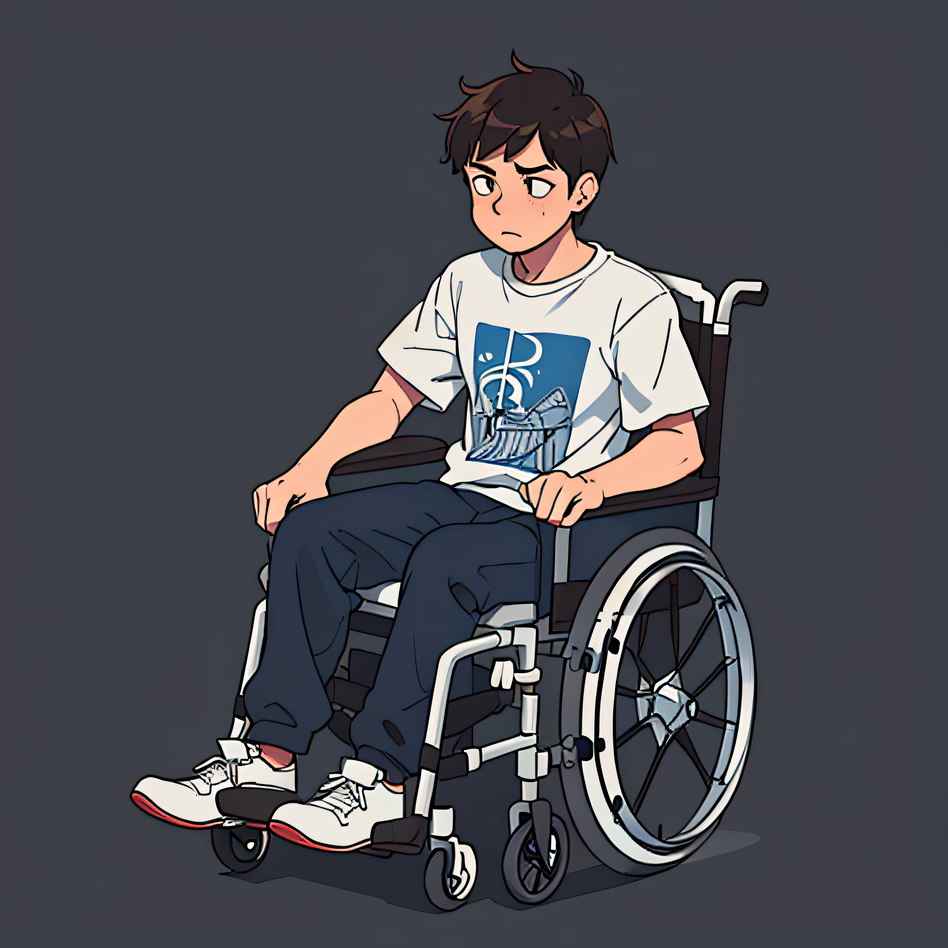 wheelchair, male, 25 years old, sad, depressed, simple background, full body, t-shirt, sweatshirt