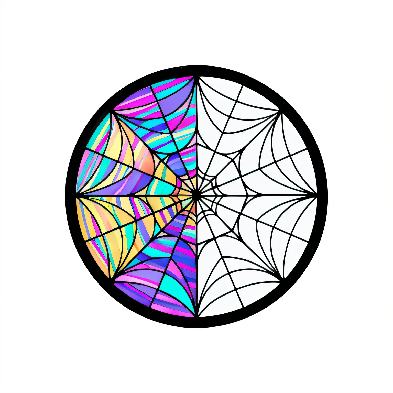 a close up of a circular stained glass window with a spider web, spider web, cobweb, kaleidoscope, spidery irregular shapes, radial symmetry, psychedelic interconnections, spider webs, web of life, surreal psychedelic design, cobwebs, psychedelic color scheme, with cobwebs, very trippy and abstract, spiderwebs, maxim verehin stained glass --auto