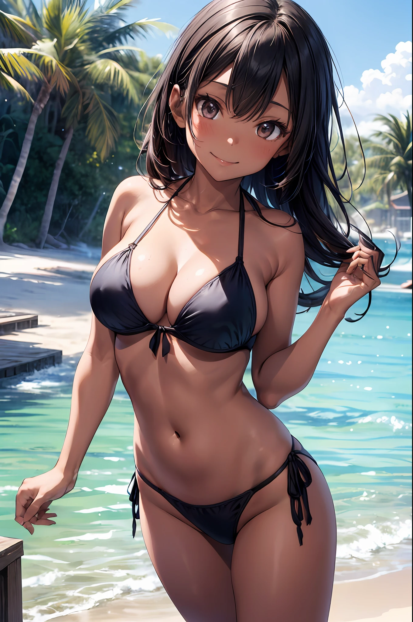 Beautiful girl, dark skin, oiled skin, dark hair, beautiful dark brown eyes, big breasts, open leg , mature , sexy, string bikini, side-tie bikini, tropical beach, sunlight, playing on the beach, playful smile, nsfw, watercolor (medium), color ink (medium), illustration
