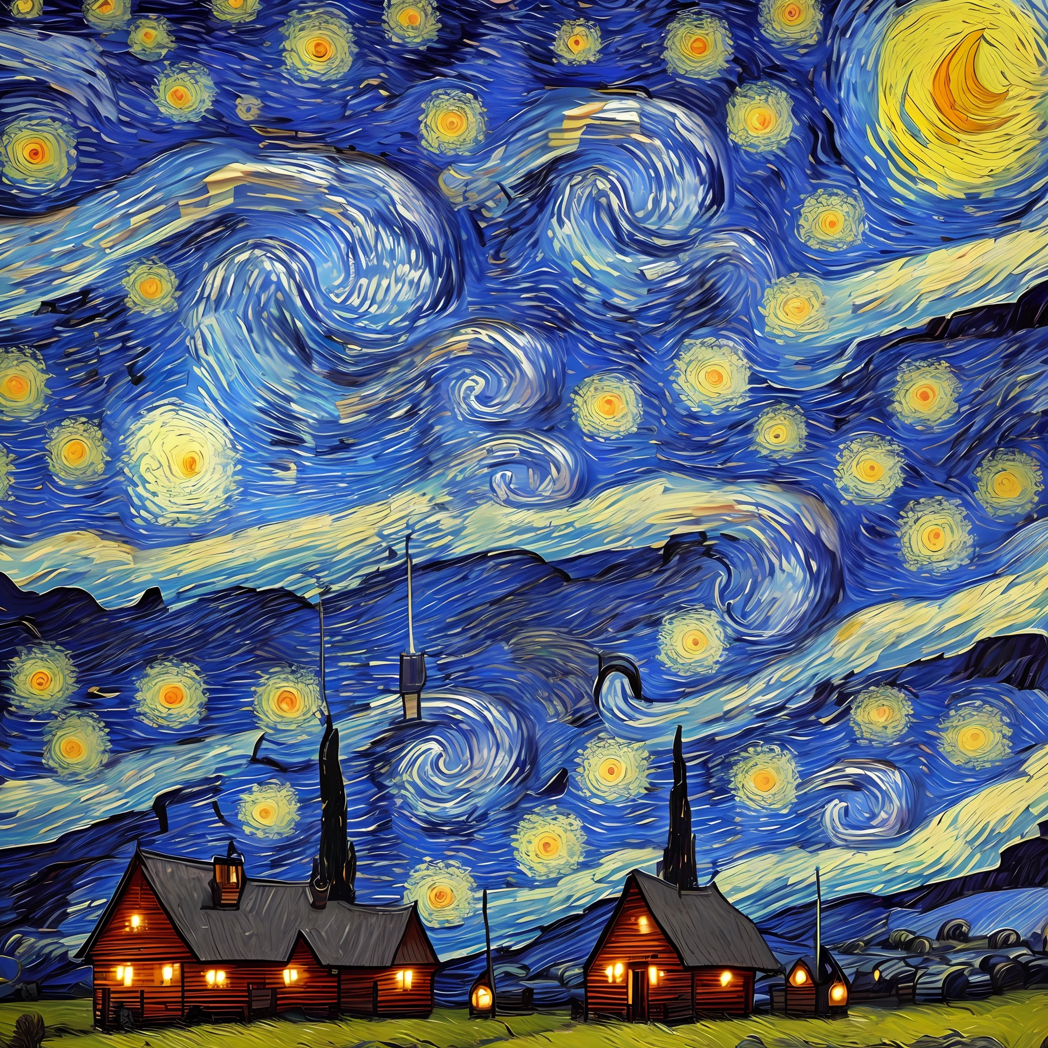 In this AI-generated image inspired by van Gogh's style, a vibrant starry night sky illuminates a countryside scene with bold brushstrokes and expressive colors. A rustic cottage and lively flowers embody the artist's emotional intensity and celebration of nature. --auto