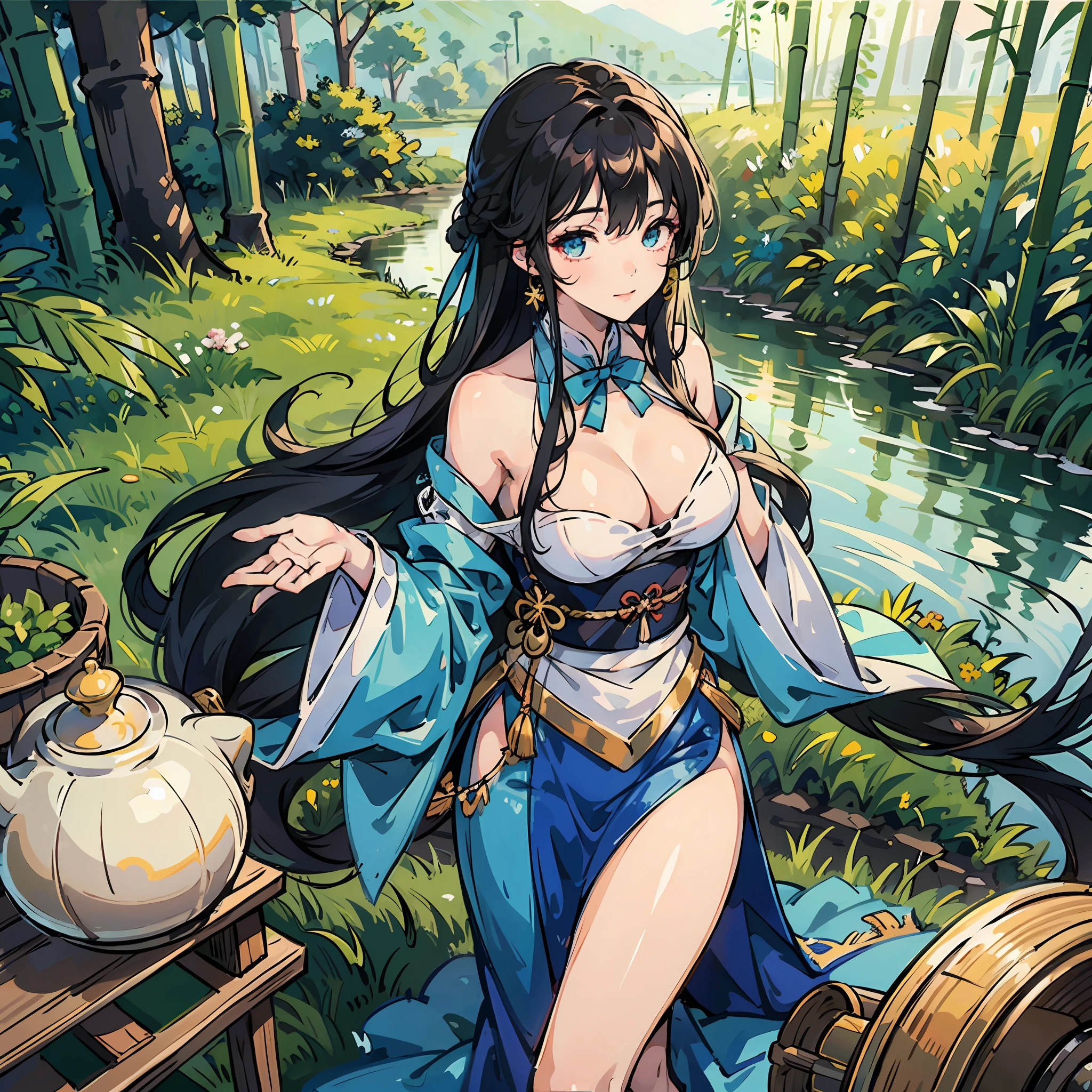 masterpiece, best quality, official art, 8k wallpaper, highly detailed, illustration, 1 girl, Azure hair, long hair, detailed eyes, forrest, bare shoulders, large breasts, big neckline, hanfu, lakes, pure, soft smile, bamboo, tea --auto