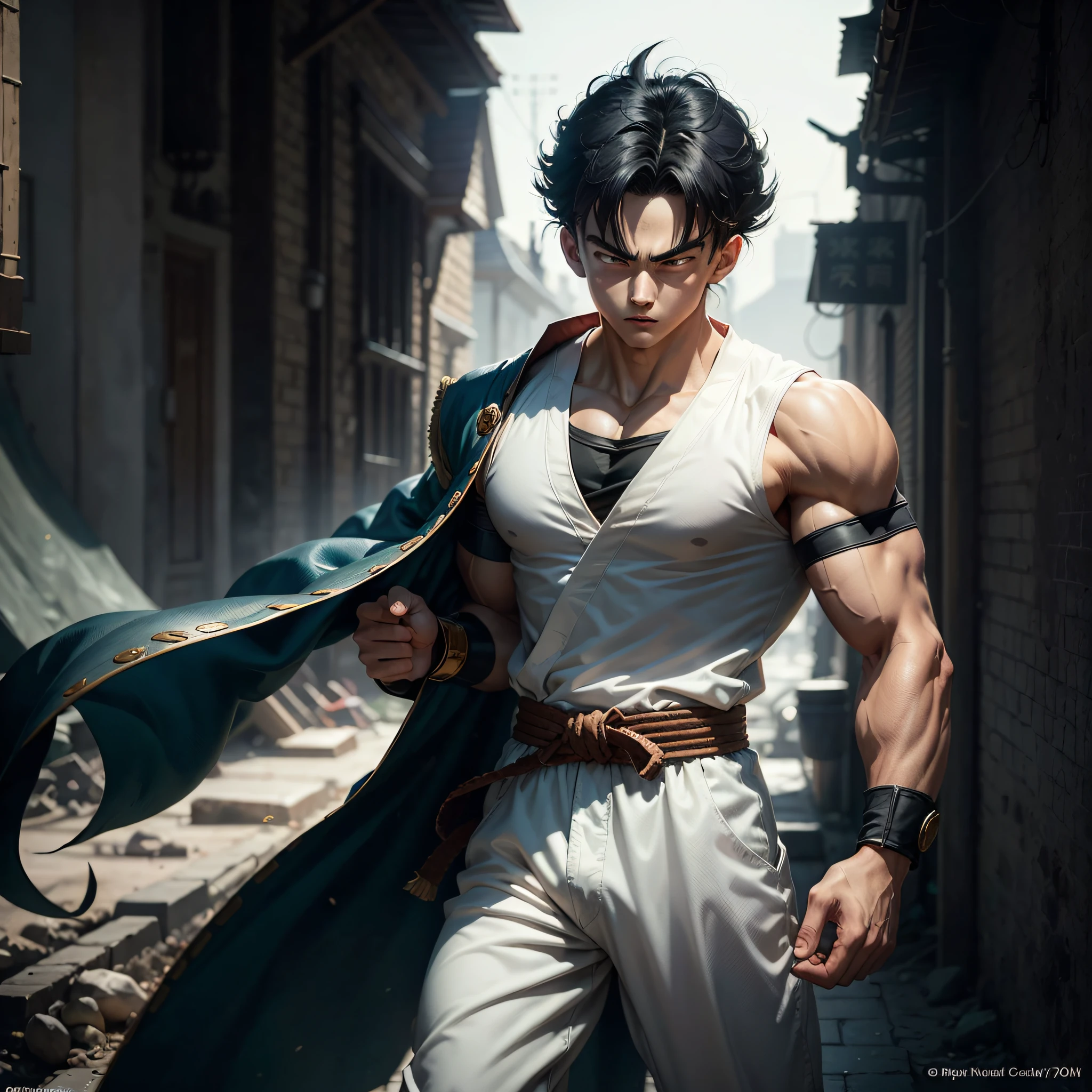 Gohan 20 years old, wearing a white shirt and black belt, is a character in the Dragon Ball series 7 character, fighting game character, standard body, standard fingers, beautiful double eyelids, beautiful face male, gliulian art style, highly detailed official artwork, jin shan, official art 
​ --auto