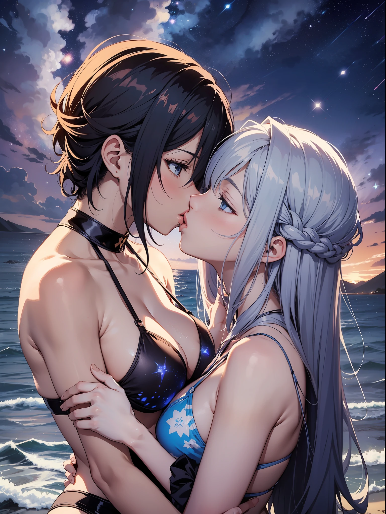 Anime couple in bikini, anime style 4 K, anime wallpaper 4 K, anime wallpaper 8 K, 4K anime wallpaper, anime art wallpaper 4 K, anime art wallpaper 4K, 4K manga wallpaper, Gwaitz, Los Tran and Makoto Shinkai style artwork, female and female couples hugging each other as the starry sky sparkles, (kiss:1.5), Capture the moment of exchanging kisses. The scene is depicted in an anime-inspired style, meticulously drawn in every detail and presented in 16k high resolution. The lighting is fantastic, with the intersection of starlight and moonlight, softly illuminating the couple. The colors take advantage of the contrast between the vivid colors of the bikini and the deep blue and white of the starry sky. near nthe shore, isolated shore, light of a town far away in the horizon, For compositions, use a medium telephoto lens and make sure the couple is centered on the screen. , shooting stars, detailed facial details