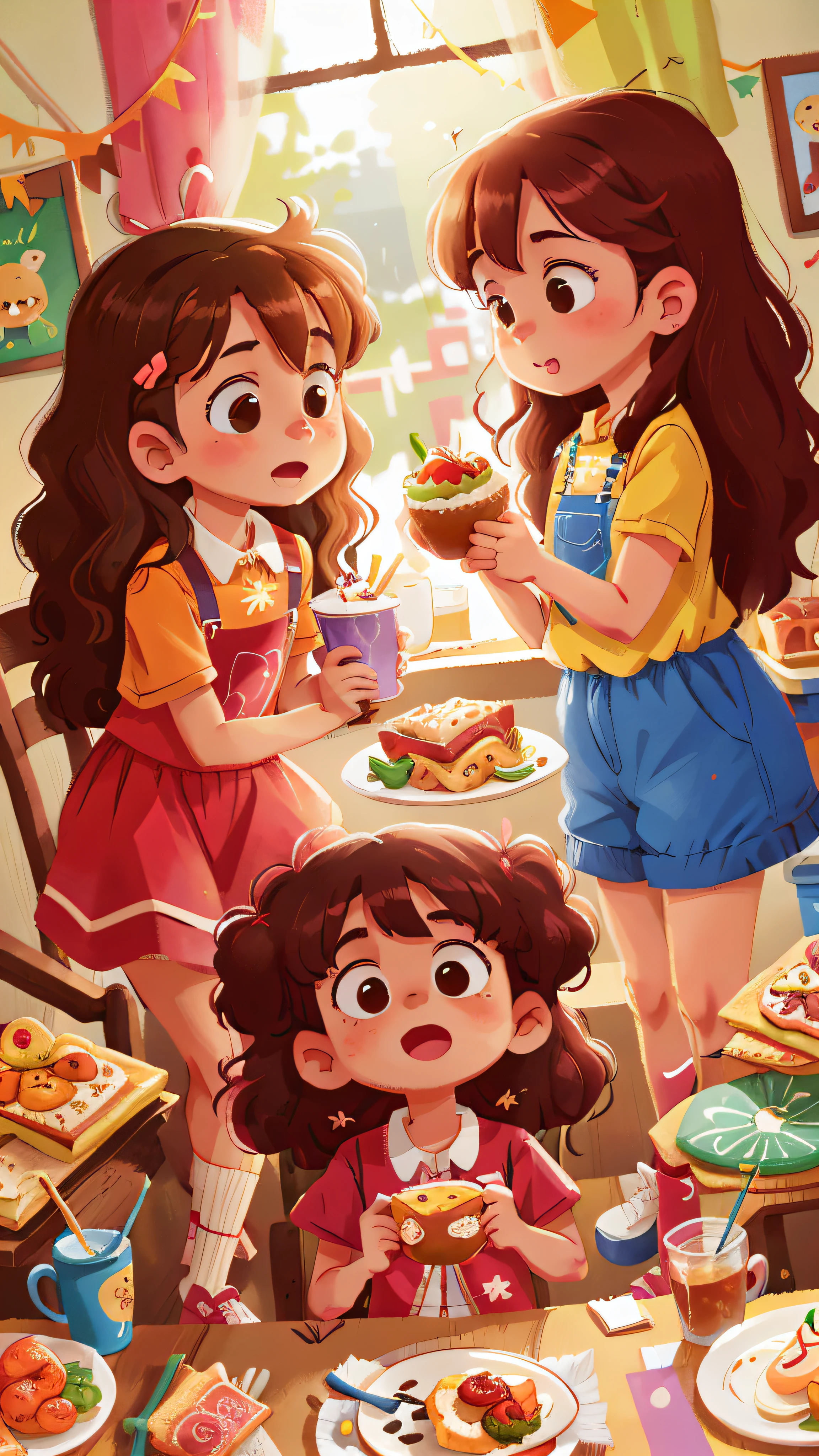Two girls, twins, curly brown hair, having lunch with the family
