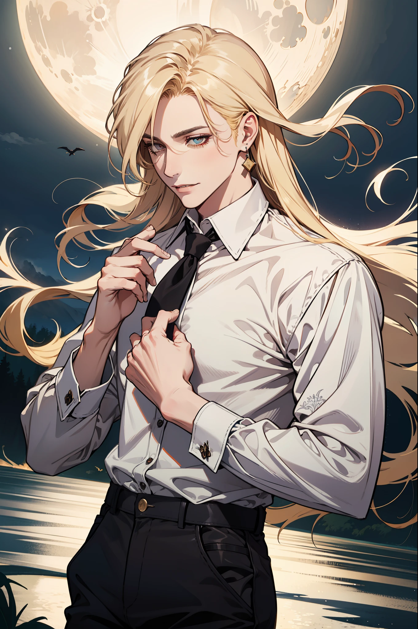 (absurdres, highres, ultra detailed), 1man, 30 years old man, adult man, handsome, tall,, finely detailed eyes and detailed face, leather pants, (((white shirt))), night, smile, dutch angle, ((long hair, blonde hair)), moon, gold details, earrings, gothic, vampire, vampire prince, dark, simple clothes, looking at the view, pale skin, red detailed eyes, (masculine), sexy, elegant, long bangs, detailed hands