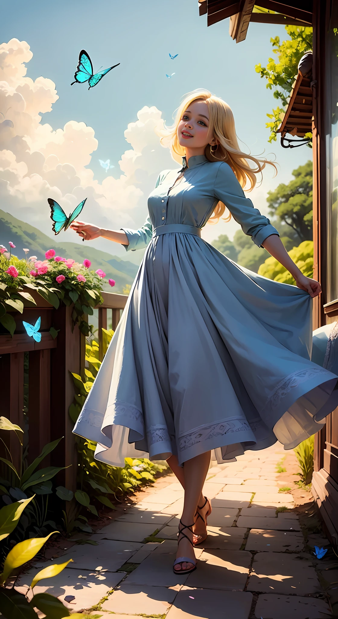 Illustration of a girl, 1 blonde child of "10 years", "happy" in an enchanted flower garden, wearing long dress of braco and blue color, blue sky of clouds, playing with butterflies, beautiful illustration, beautiful UHD 4k art, a beautiful art illustration, art in the style of guweiz, atey ghailan 8K, artgerm and atey ghailan, girl, 1 blonde child of "10 years", wearing long dress of white and blue color, happy in an enchanted flower jadim, playing with butterflies, (butterflies). (best quality, masterpiece), pose, particles, wind, flower, full body, enchanted garden background, looking at the butterflies. --auto