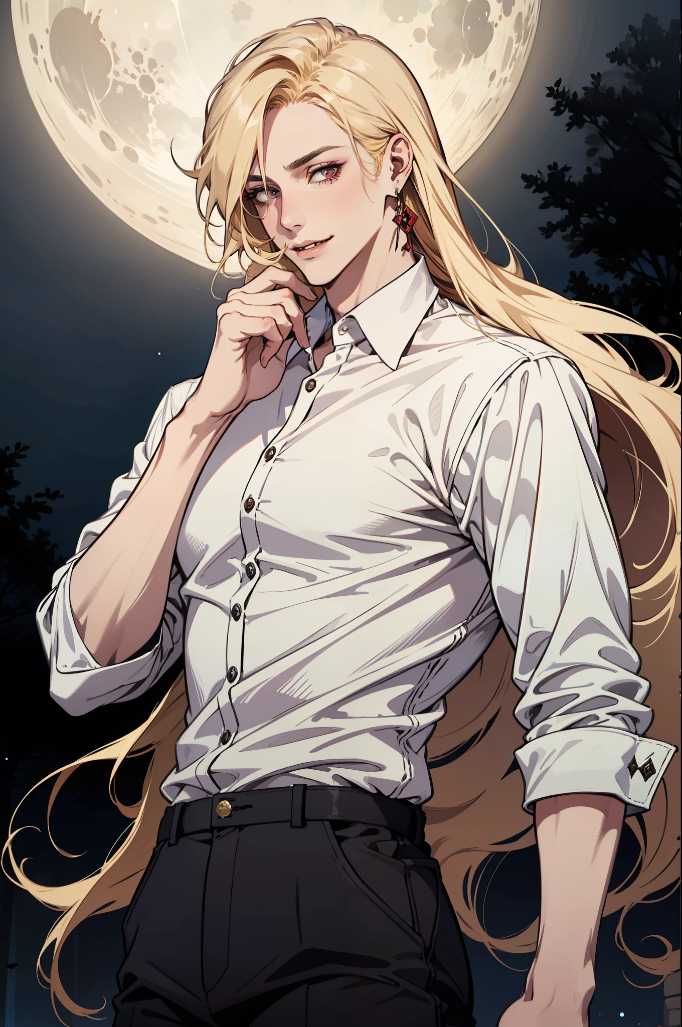 (absurdres, highres, ultra detailed), 1man, 30 years old man, adult man, handsome, tall,, finely detailed eyes and detailed face, leather pants, (((white shirt))), night, smile, dutch angle, ((long hair, blonde hair)), moon, gold details, earrings, gothic, vampire, vampire prince, dark, simple clothes, looking at the view, pale skin, red detailed eyes, (masculine), sexy, elegant, long bangs, detailed hands