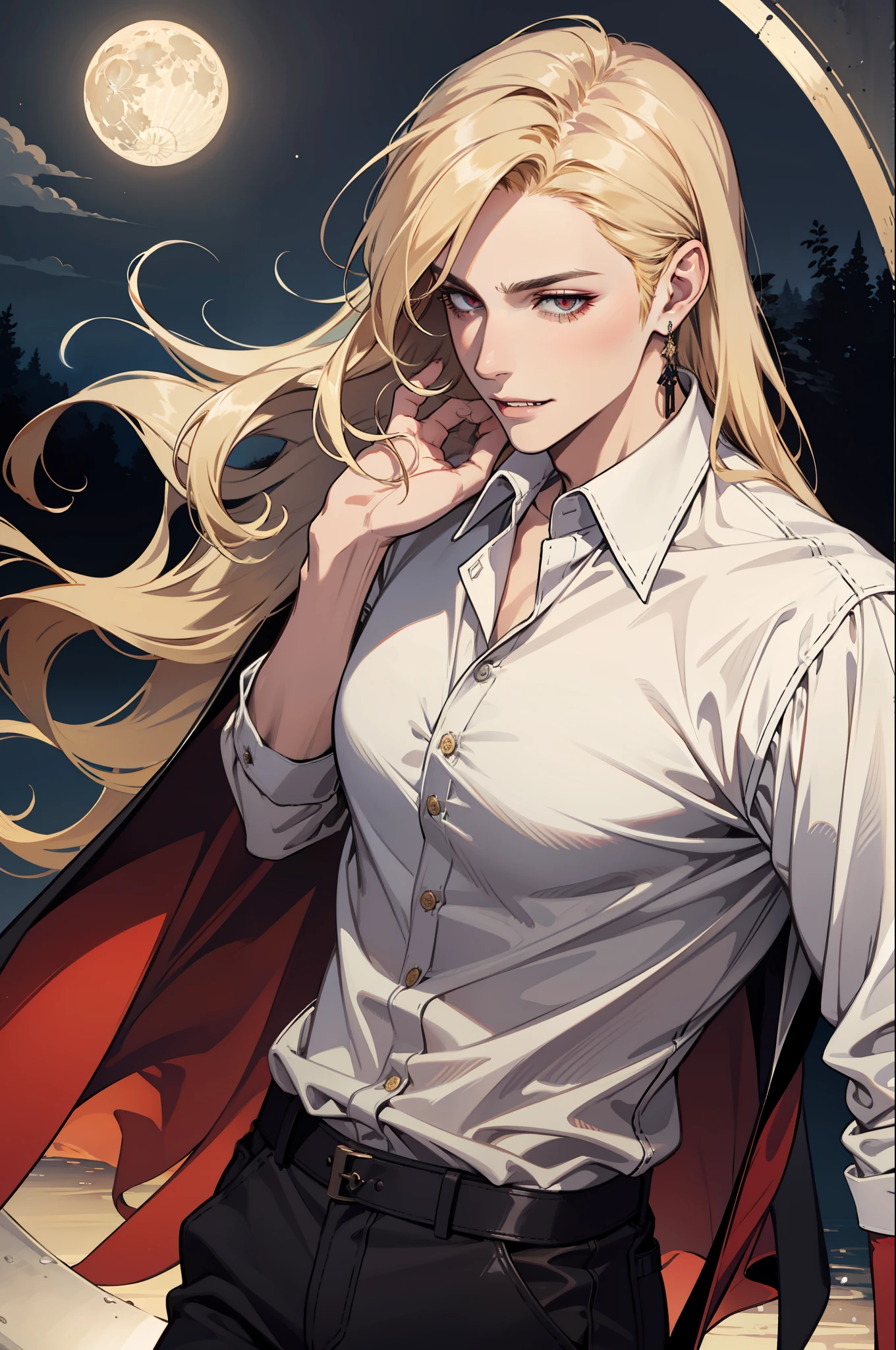 (absurdres, highres, ultra detailed), 1man, 30 years old man, adult man, handsome, tall,, finely detailed eyes and detailed face, leather pants, (((white shirt))), night, smile, dutch angle, ((long hair, blonde hair)), moon, gold details, earrings, gothic, vampire, vampire prince, dark, simple clothes, looking at the view, pale skin, red detailed eyes, (masculine), sexy, elegant, long bangs, detailed hands