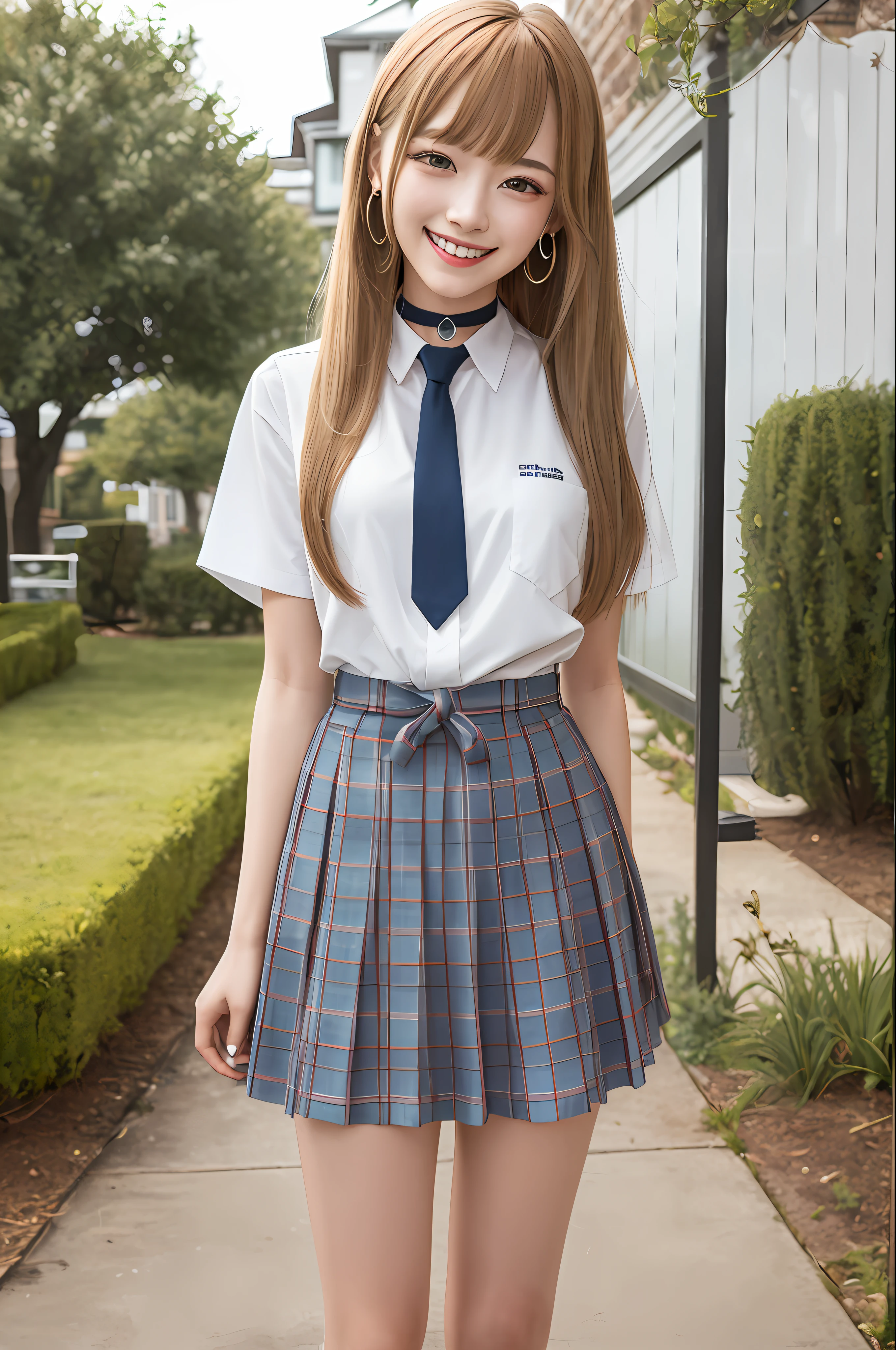 masterpiece, best quality, highres, kitagawa marin, 1girl, blonde hair, long hair, multicolored hair, red eyes, jewelry, earrings, piercing, school uniform, white shirt, tied shirt, black choker, blue necktie, plaid skirt, grin, smile, standing, cowboy shot, outdoors,