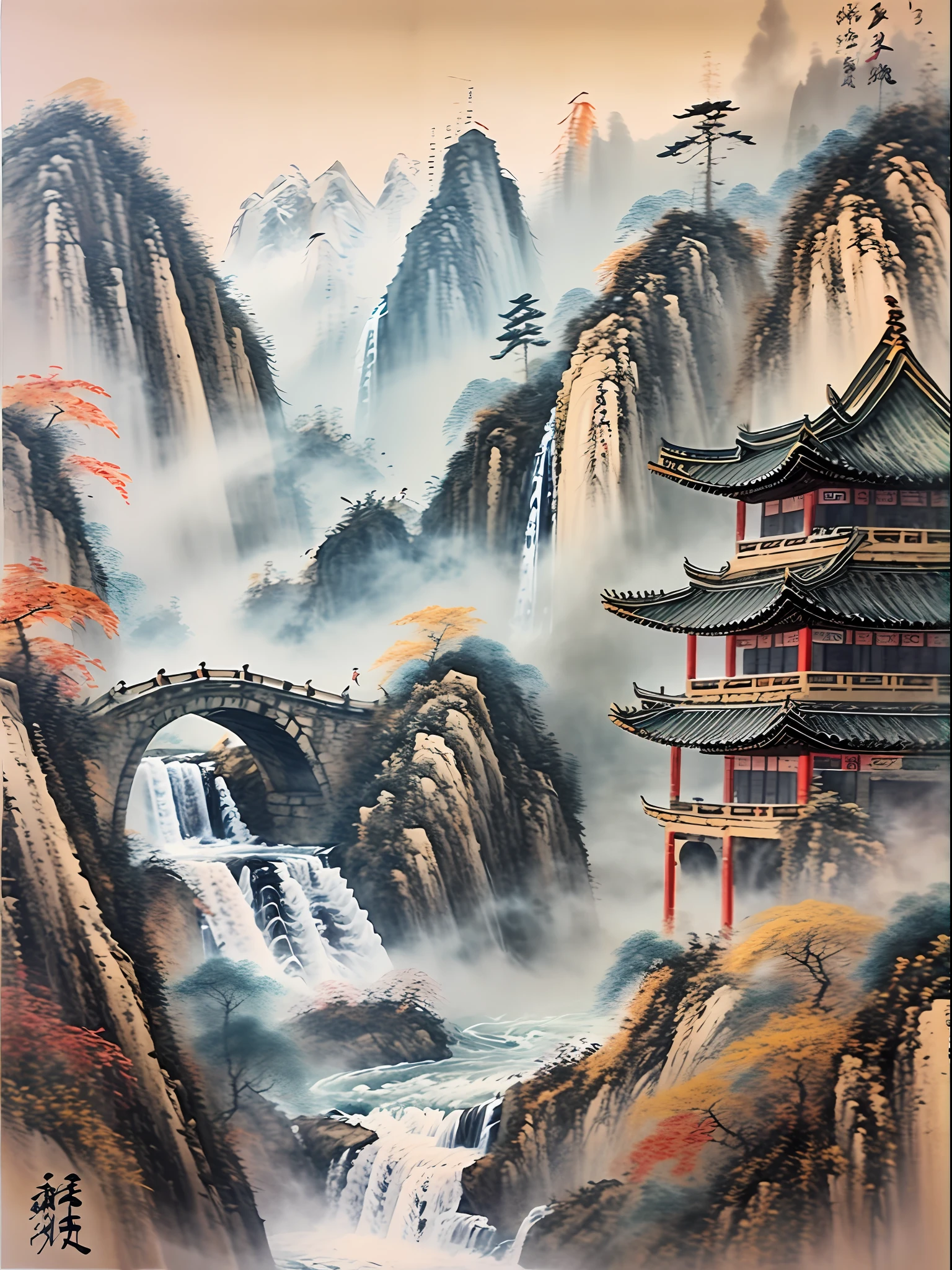 Traditional Chinese ink painting, high mountains, flowing water, pine trees, flying birds, best quality