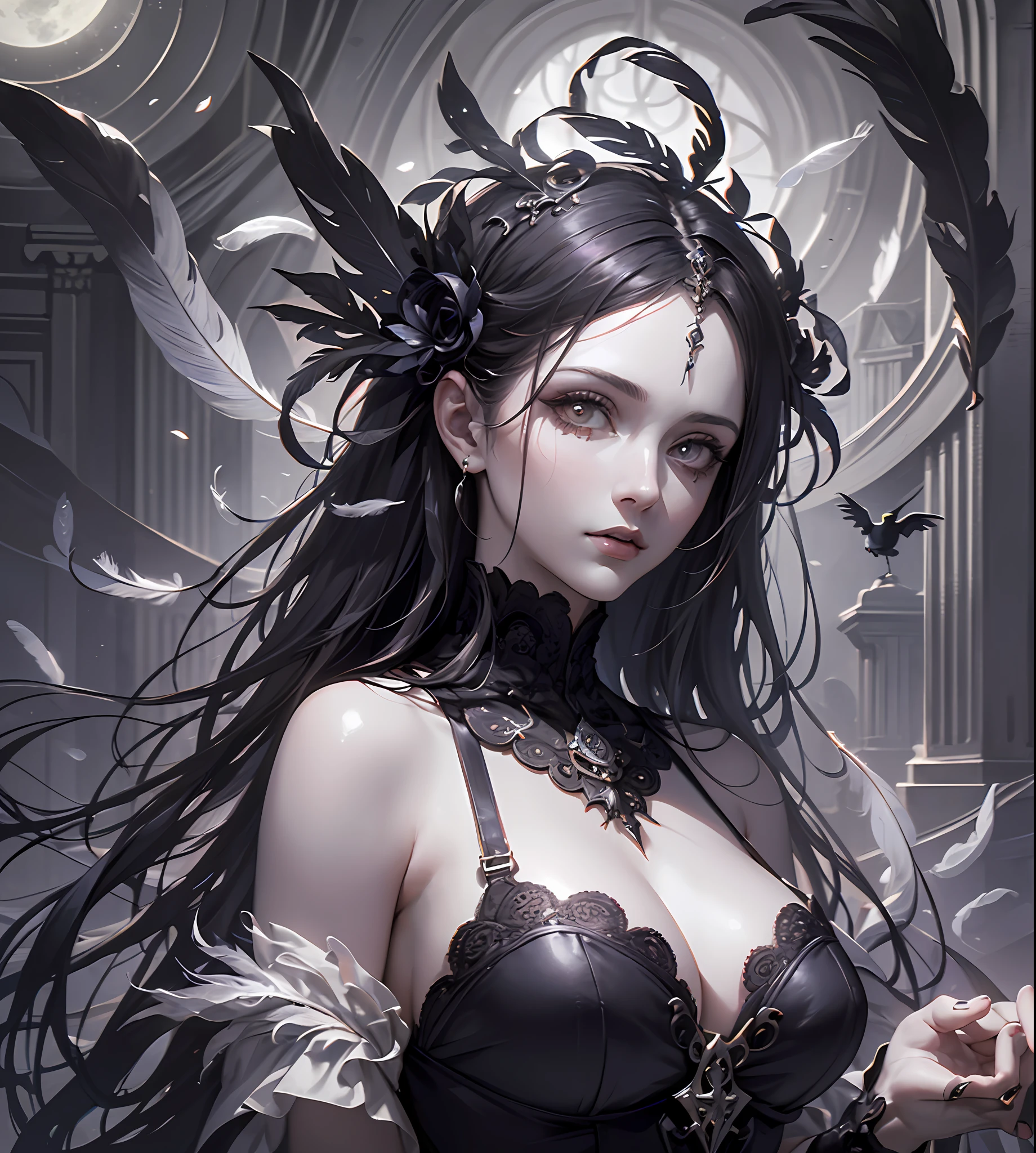 An extremely detailed portrait of an demoniac beautiful gothic vampire woman in a victorian decorum, perfect body, (realistic mature woman), ((detailed Background)), (detailed grey sky), (detailed gothic suit), (detailed eyes). (dramatic lighting), ((Masterpiece)), ((crows)), ((perfect detailed hands)), detailed cloud, ((intricate detail)), (((mature woman))), red Jewel-like eyes, (floating Strands of hair), black long hair, (((smooth skin))), (Haze), moonlight, ((surrounded by floating feathers and leafs)), focus on the subject, chiaroscuro, wind, road, church, HD wallpaper, UHD image --auto --s2