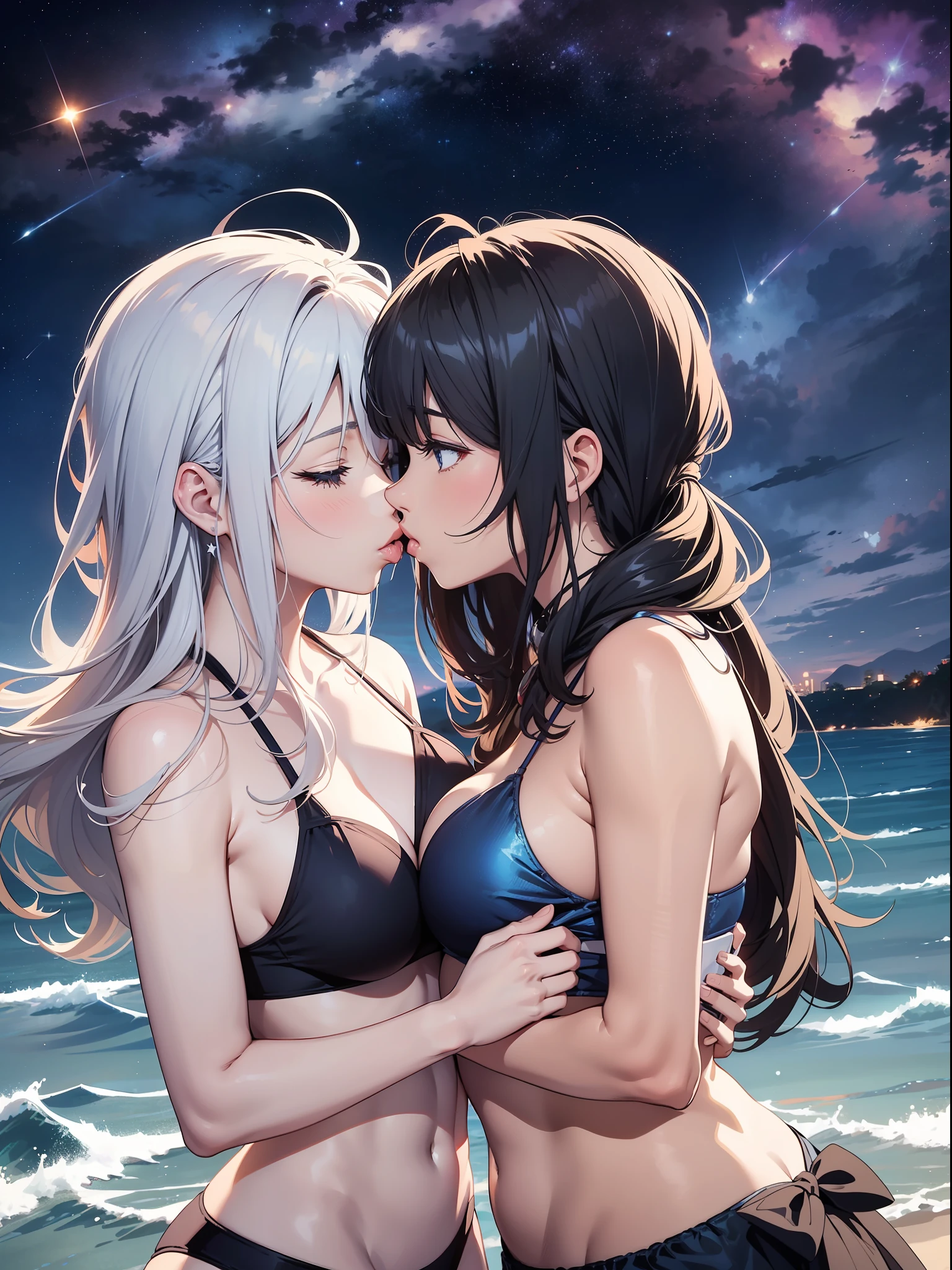 Anime couple in bikini, anime style 4 K, anime wallpaper 4 K, anime wallpaper 8 K, 4K anime wallpaper, anime art wallpaper 4 K, anime art wallpaper 4K, 4K manga wallpaper, Gwaitz, Los Tran and Makoto Shinkai style artwork, female and female couples hugging each other as the starry sky sparkles, (kiss:1.5), Capture the moment of exchanging kisses. The scene is depicted in an anime-inspired style, meticulously drawn in every detail and presented in 16k high resolution. The lighting is fantastic, with the intersection of starlight and moonlight, softly illuminating the couple. The colors take advantage of the contrast between the vivid colors of the bikini and the deep blue and white of the starry sky. near nthe shore, isolated shore, light of a town far away in the horizon, For compositions, use a medium telephoto lens and make sure the couple is centered on the screen. , shooting stars, detailed facial details