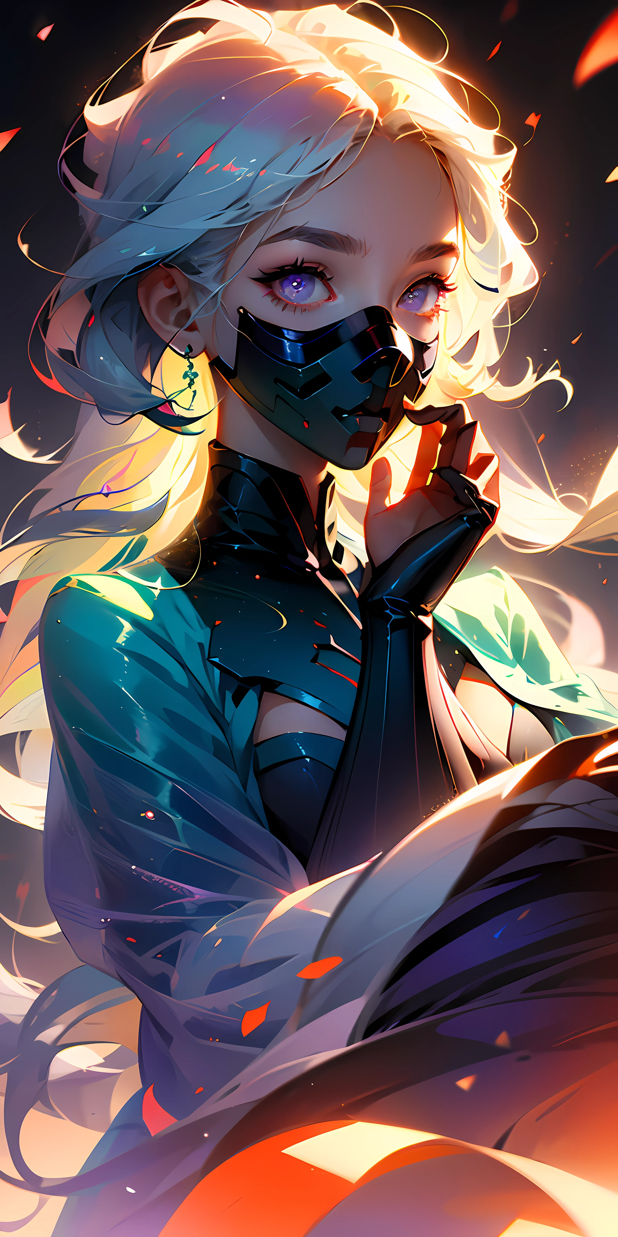 1girl, white hair, multicolored hair, purple eyes, mask on head, sidelighting, light particles, wallpaper, --auto