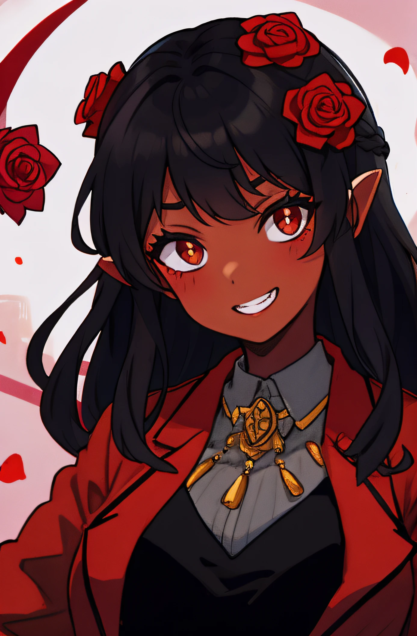 A black woman that is a demon and has roses on her hair