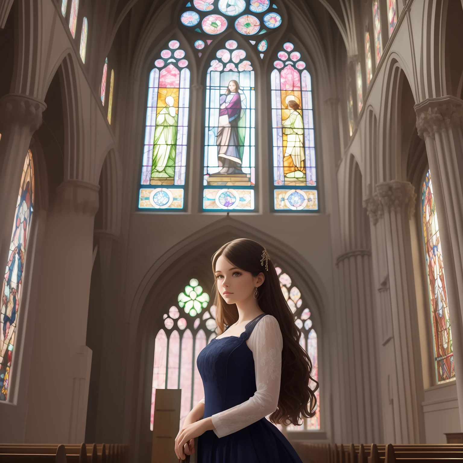 A beautiful young woman in an old-fashioned dress stands in a church lit by fractal and colorful stained-glass windows.