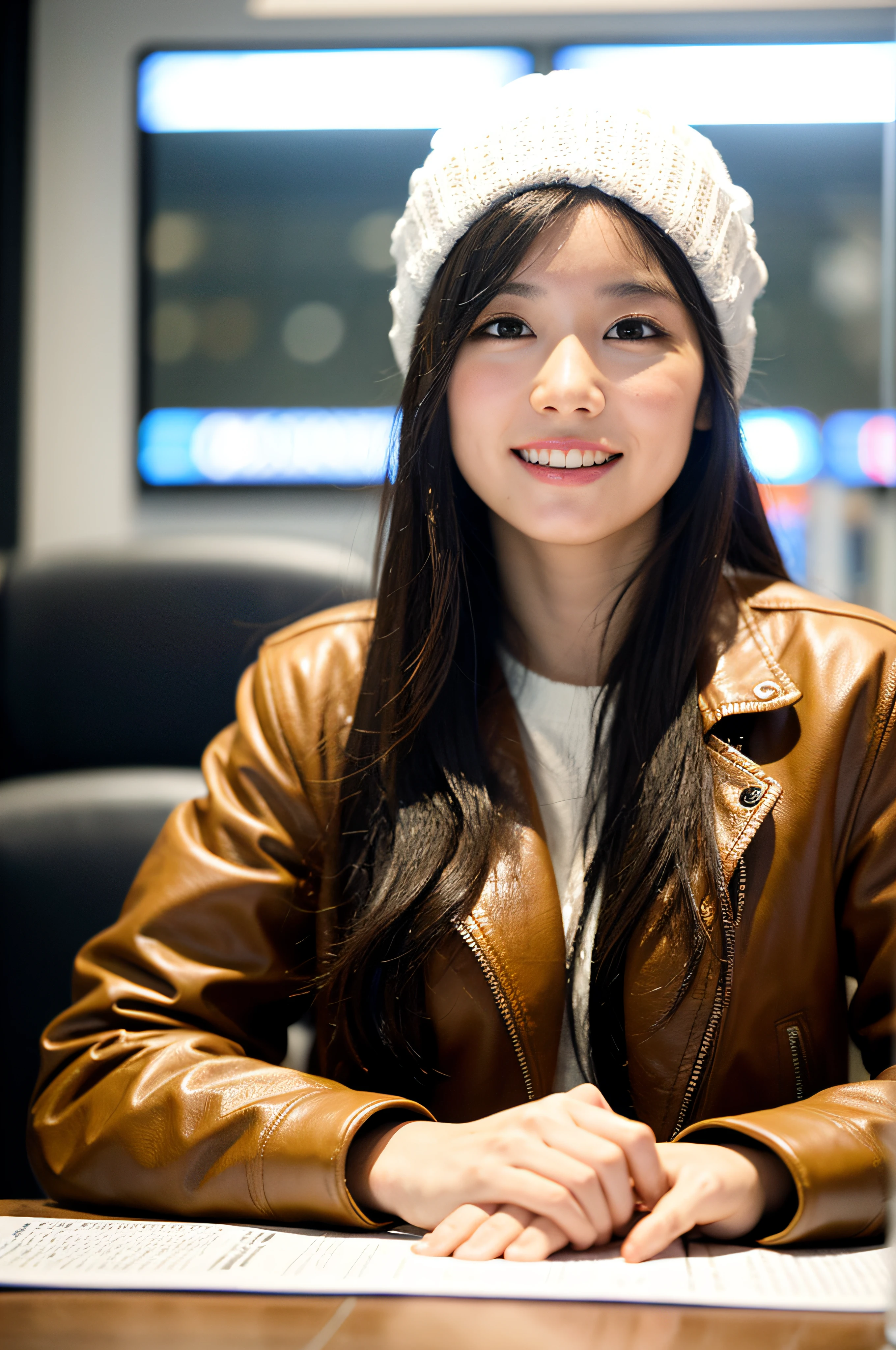 ((8k:1.27), best quality, masterpiece, ultra highres:1.2) Photo of a Brazilian people working happily (beautiful:1.1) (science fiction warrior woman:1.1) space soldier, (beanie:1.61) (leather jacket:1.21) intricate elegant, costume, detailed, gradient lighting, Open Plan Office Business Meeting, many people sit at the table in the conference room, people are happy and smiling in the conference room, ready for a meeting, business meeting, meeting together, professional image, wide photo, insanely realistic with with soft golden lighting, 20 megapixels, Canon EOS R3, depth of field, soft lighting, masterpiece, best quality, intricate, mapped tone, highly detailed, smooth, sharp focus, highly detailed art, cinematic, hyper realistic, 8K, amazing shadows, realistic, (highly detailed background: 1.0)
