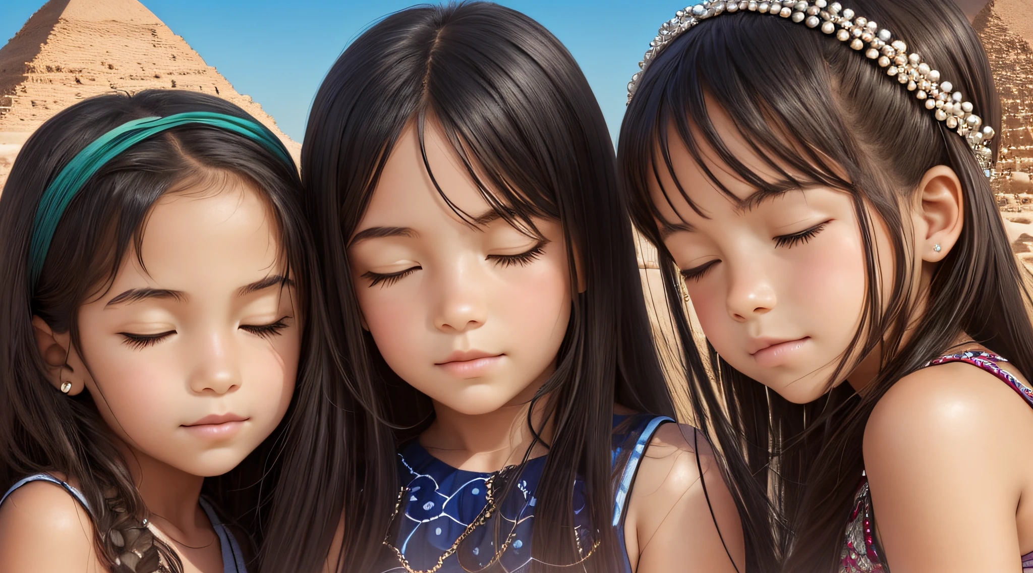 three girls CHILDREN, are posing for a photo in the pyramids of egypt background, BLACK AND WHITE, beautiful girls, young girls, cute girls, 3 sisters look at each other in the mirror, beautiful faces, light-skinned African girl, by irakli swim, by Miroslava Sviridova, with a white complexion, beautiful portrait, varied ethnicities, 3 young and beautiful women, beautiful faces, girls resting WITH THEIR EYES CLOSED.