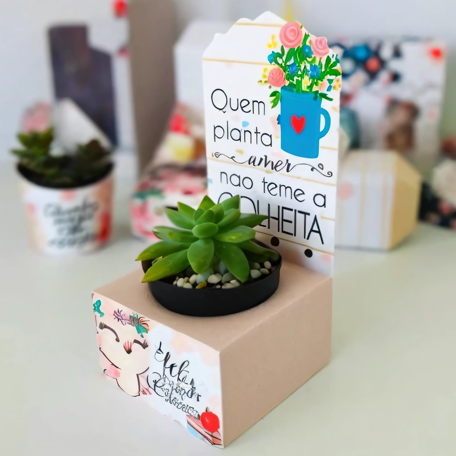paper box support for souvenirs with succulent plants, cutty, cute, for gifting, faded background