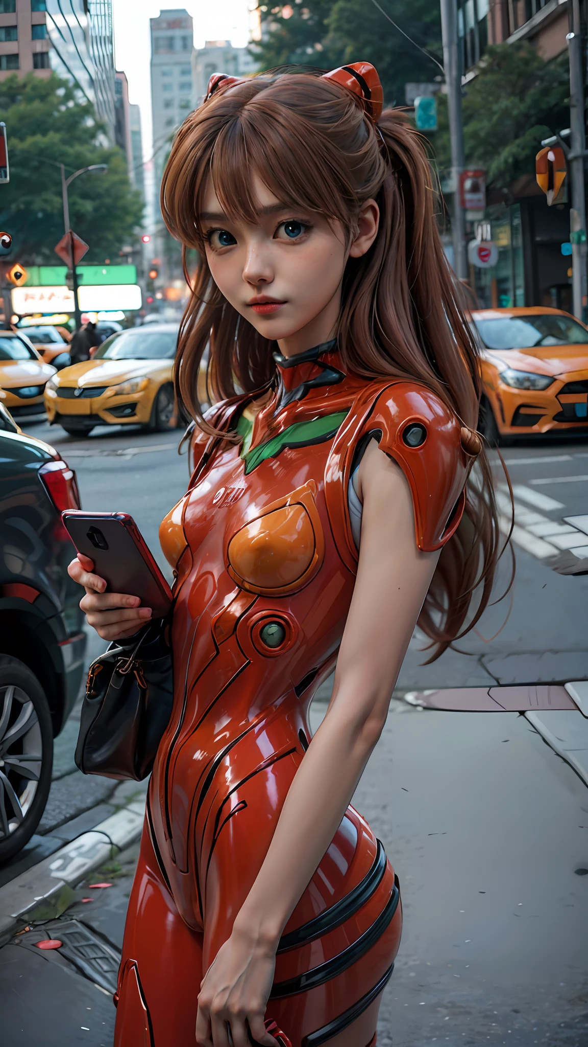 Asuka langley evangelion, a stunning woman, confidently using her phone on a vibrant city street in trendy attire, realistic, super detail