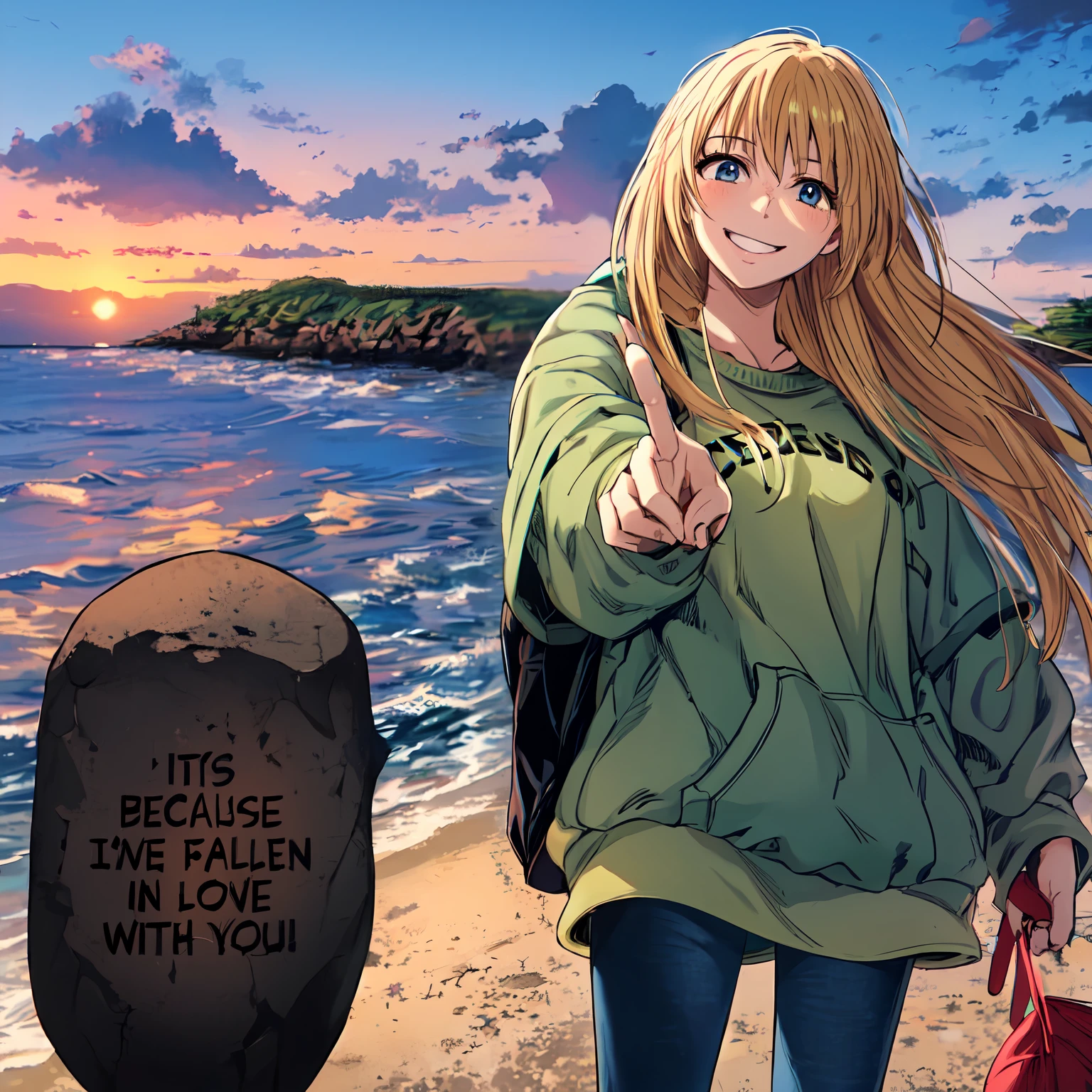 anime girl with long hair walking on beach with bag and text, with index finger, blonde hair, jacket, holding an army hat, jeans, beach, rocks, cloud, sunset, smile, happy, color manga, manga color, color manga, color manga panel, simple background