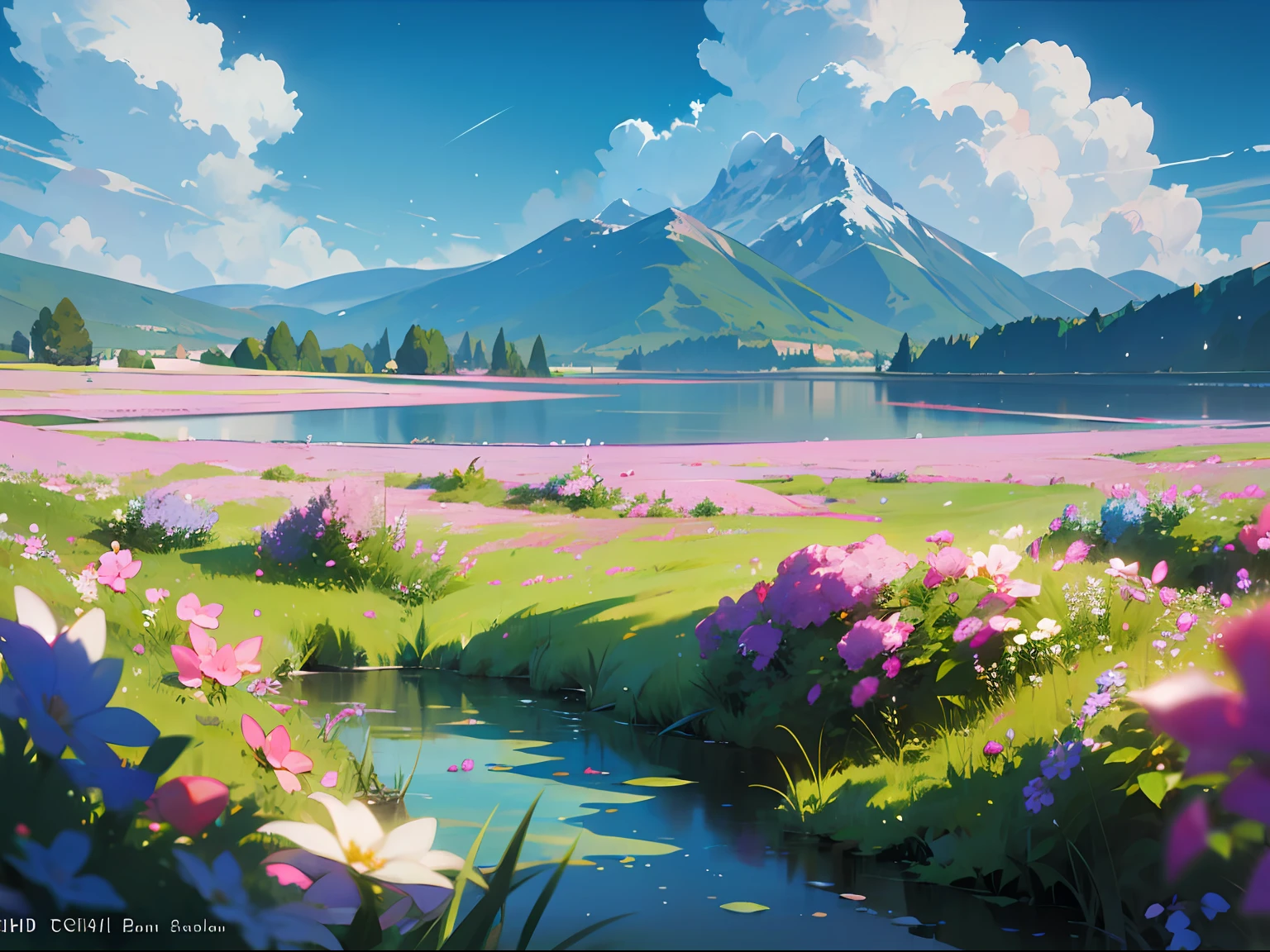Summer, meadows, lots of small flowers, crystal clear lakes, lots of sheep, heaven, big clouds, blue sky, hot weather, HD details, wet watermarks, hyper-detail, cinematic, surrealism, soft light, deep field focus bokeh, distant shots of snowy mountains, ray tracing and surrealism. --v6