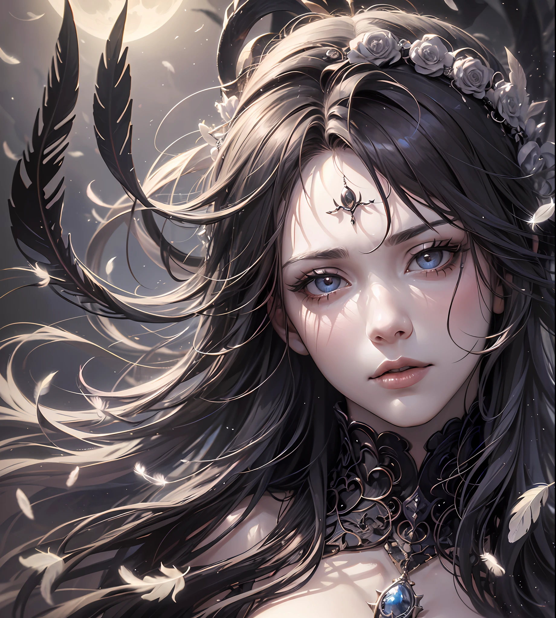 An extremely detailed portrait of an demoniac beautiful gothic vampire woman in a victorian decorum, perfect body, (realistic mature woman), ((detailed Background)), (detailed grey sky), (detailed gothic suit), (detailed eyes). (dramatic lighting), ((Masterpiece)), ((crows)), ((perfect detailed hands)), detailed cloud, ((intricate detail)), (((mature woman))), red Jewel-like eyes, (floating Strands of hair), black long hair, (((smooth skin))), (Haze), moonlight, ((surrounded by floating feathers and leafs)), focus on the subject, chiaroscuro, wind, road, church, HD wallpaper, UHD image --auto --s2