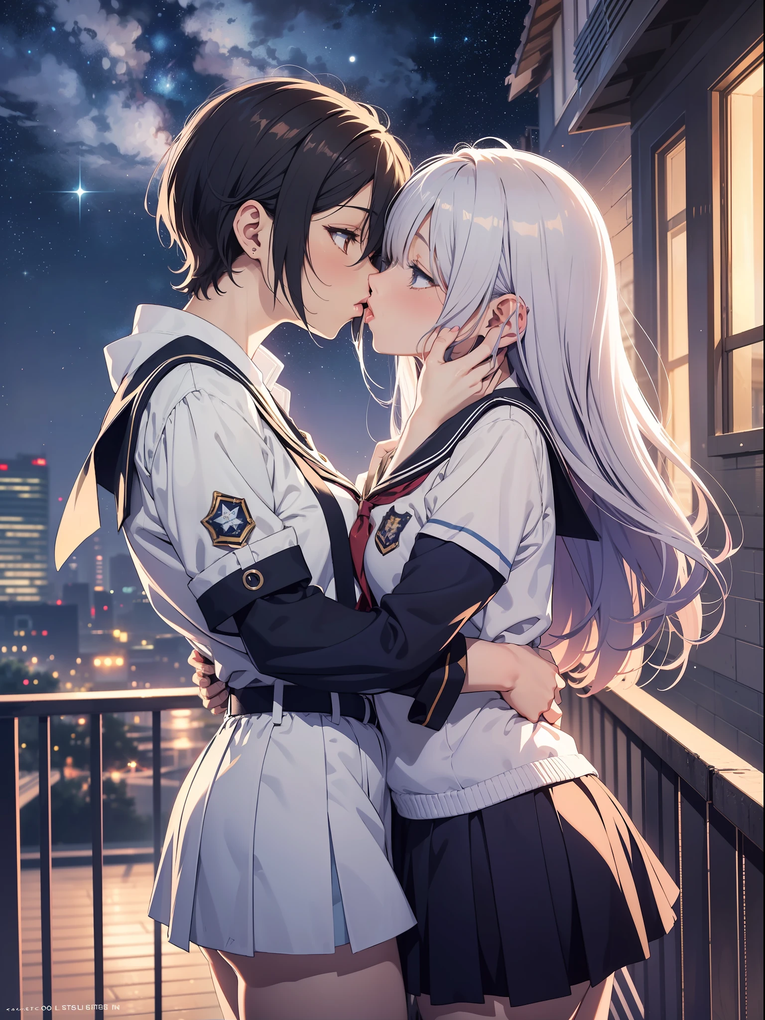 Anime couple in school uniform, anime style 4 K, anime wallpaper 4 K, anime wallpaper 8 K, 4K anime wallpaper, anime art wallpaper 4 K, anime art wallpaper 4K, 4K manga wallpaper, Gwaitz, Los Tran and Makoto Shinkai style artwork, female and female couples hugging each other as the starry sky sparkles, (kiss:1.5), (school uniform:1.2), Capture the moment of exchanging kisses. The scene is depicted in an anime-inspired style, meticulously drawn in every detail and presented in 16k high resolution. The lighting is fantastic, with the intersection of starlight and moonlight, softly illuminating the couple. The colors take advantage of the contrast between the vivid colors of the school uniform and the deep blue and white of the starry sky. For compositions, use a medium telephoto lens and make sure the couple is centered on the screen. , shooting stars, detailed facial details