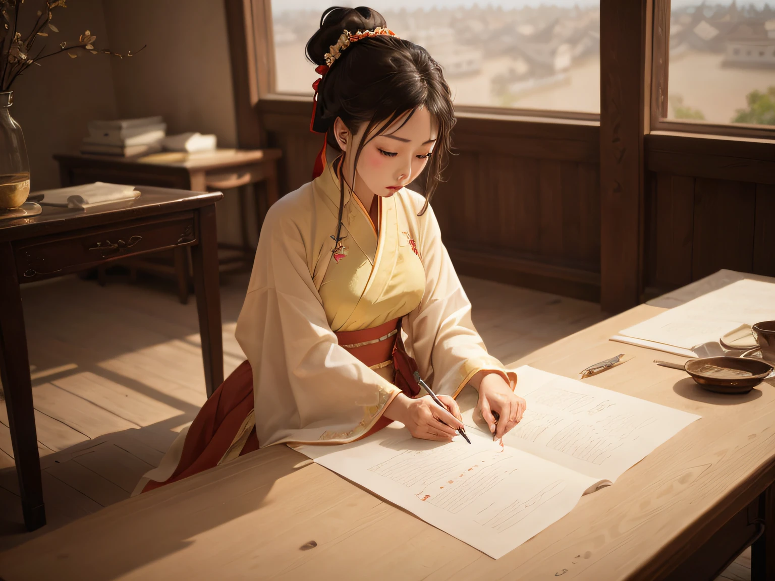 a young woman, in Chinese garb, kneeling, writing, inside a palace, Chinese empire, several people, to the redo, --auto