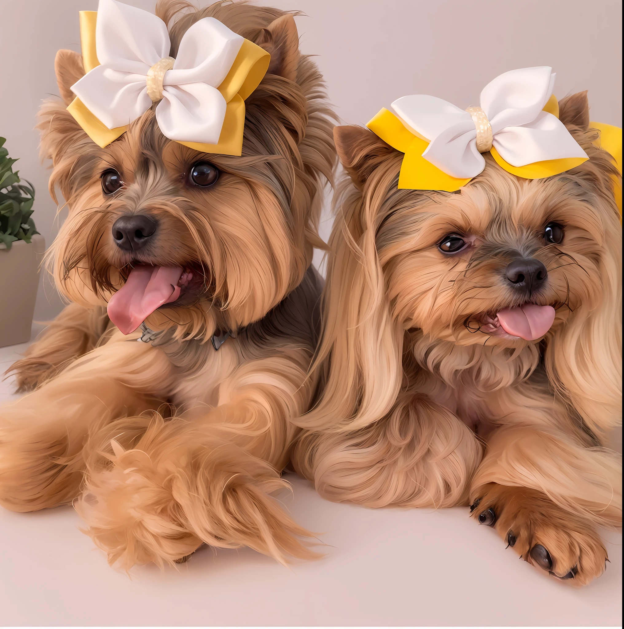 two small dogs with bows on their heads sitting next to each other, yorkshire terrier, bowknot, two dogs, bows, wearing hair bow, hair bow, cute and adorable, front image, aw, cute features, very cute features, adorable and cute, they are very serious, puppies, HD