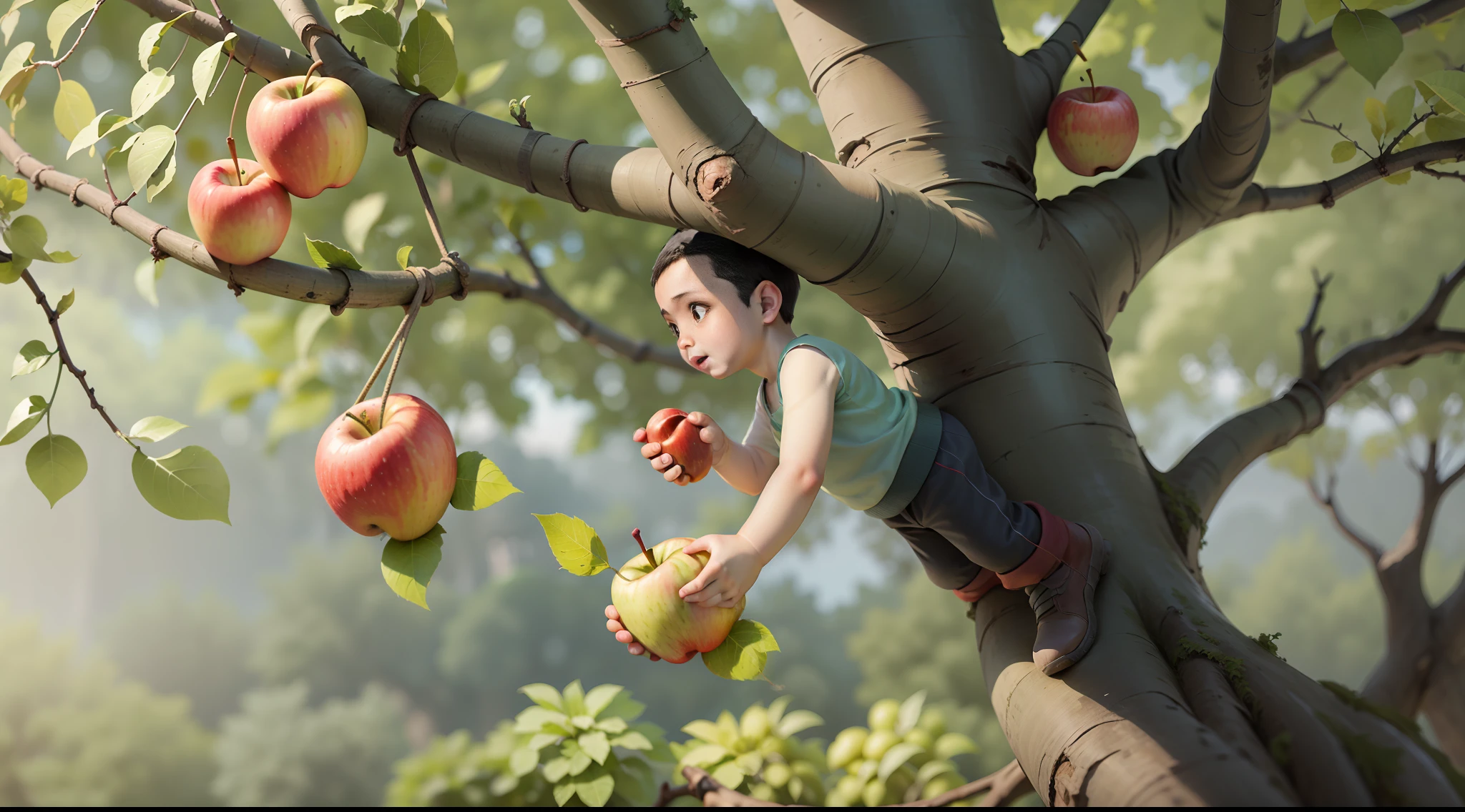 Illustrate a montage of the boy on an apple tree performing various activities such as swinging on branches, picking apples, and raising wreaths.