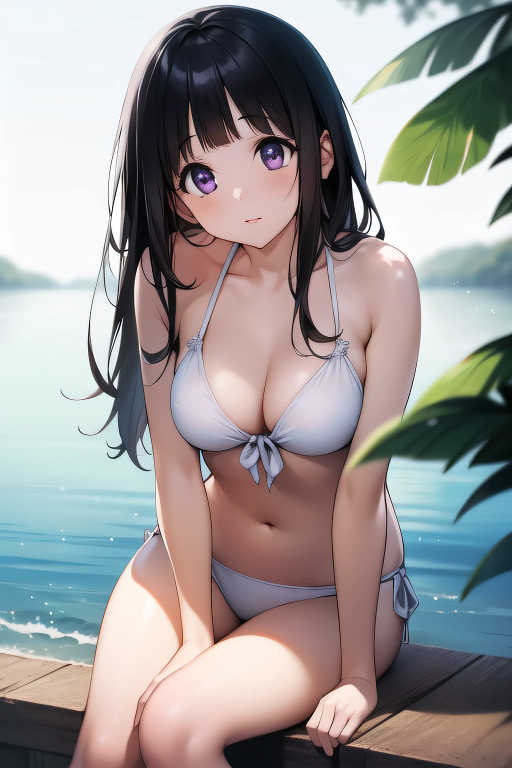 A superb exquisite Chitanda Eru, (wearing bikini), purple eyes, black hair, natural straight hair, straight bangs, ((summer background)), seaside, extremely delicate, straight facial features, peerless beautiful girl, soft, (sensual), (kawaii), dreamy quality, light white and dark brown, exaggerated facial features, solid color, frank holly, delicate face, bright lips slightly open, slender waist, soft curves, real light and shadow, super fine, 4k, natural moving, Ultra high resolution, (masterpiece:1.2, best quality), (finely detailed beautiful eyes: 1.2), (beautiful detailed face)