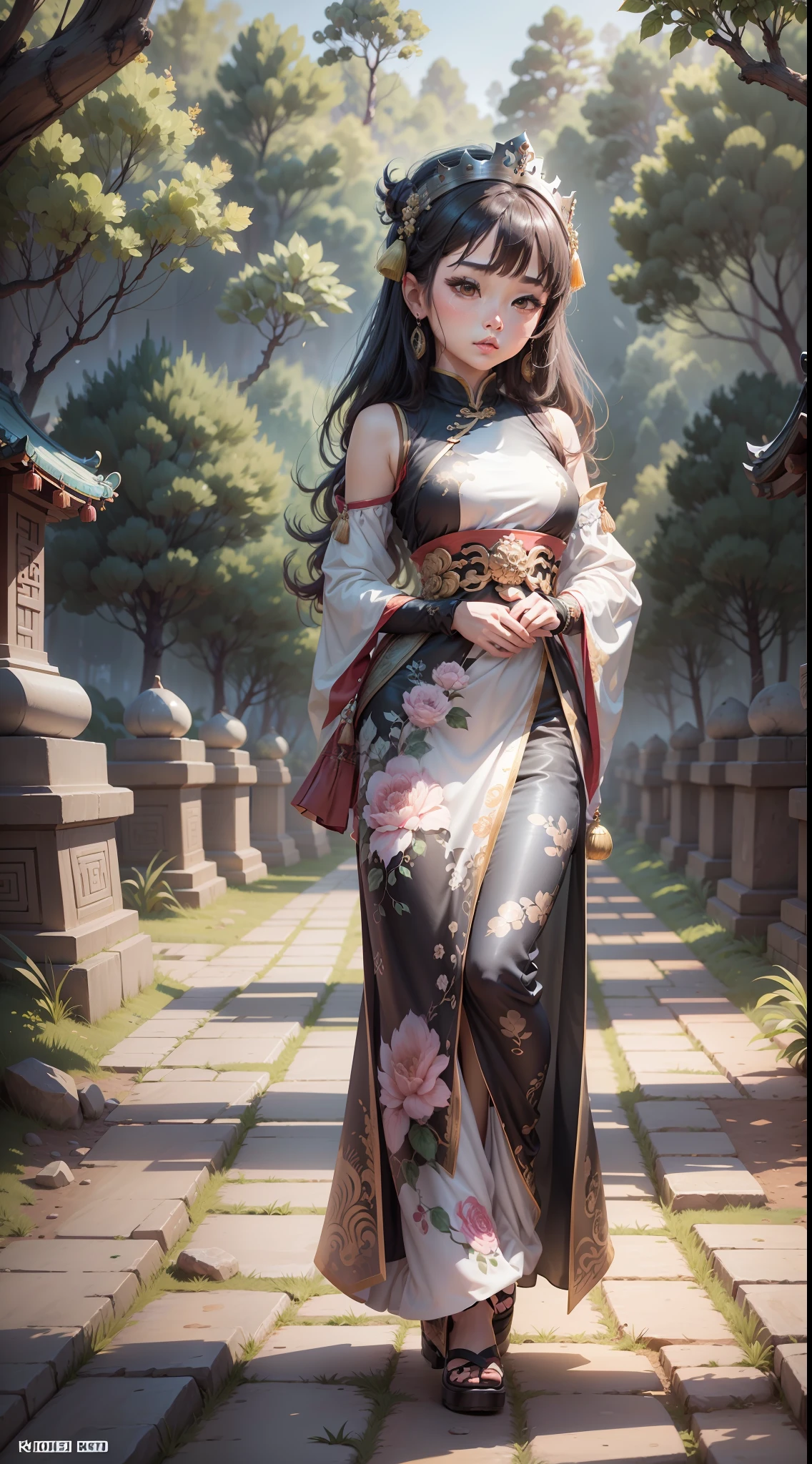 Ethnic style girl, wearing silver crown on her head, silver oval earrings on her ears, full body portrait, full body, background is stone forest, Chinese stone forest, Kunming stone forest, full body portrait, national costume, Chinese style illustration, heads-up perspective, super detail, 4K picture quality, cartoon style