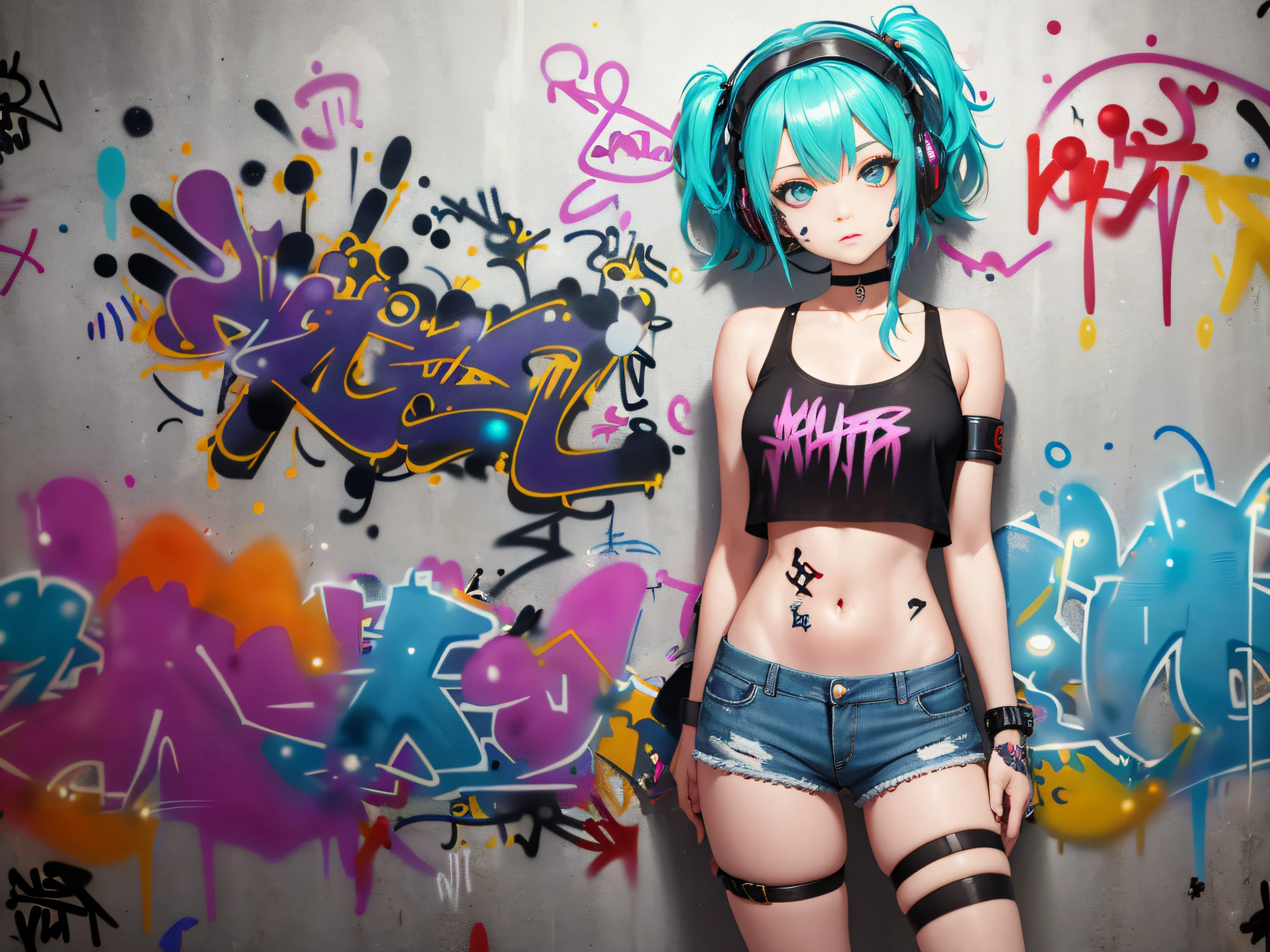 masterpiece, best quality, 1girl, solo, crop top, denim shorts, choker, (graffiti:1.5), paint splatter, arms behind back, against wall, looking at viewer, armband, thigh strap, paint on body, head tilt, bored, multicolored hair, aqua eyes, headset,