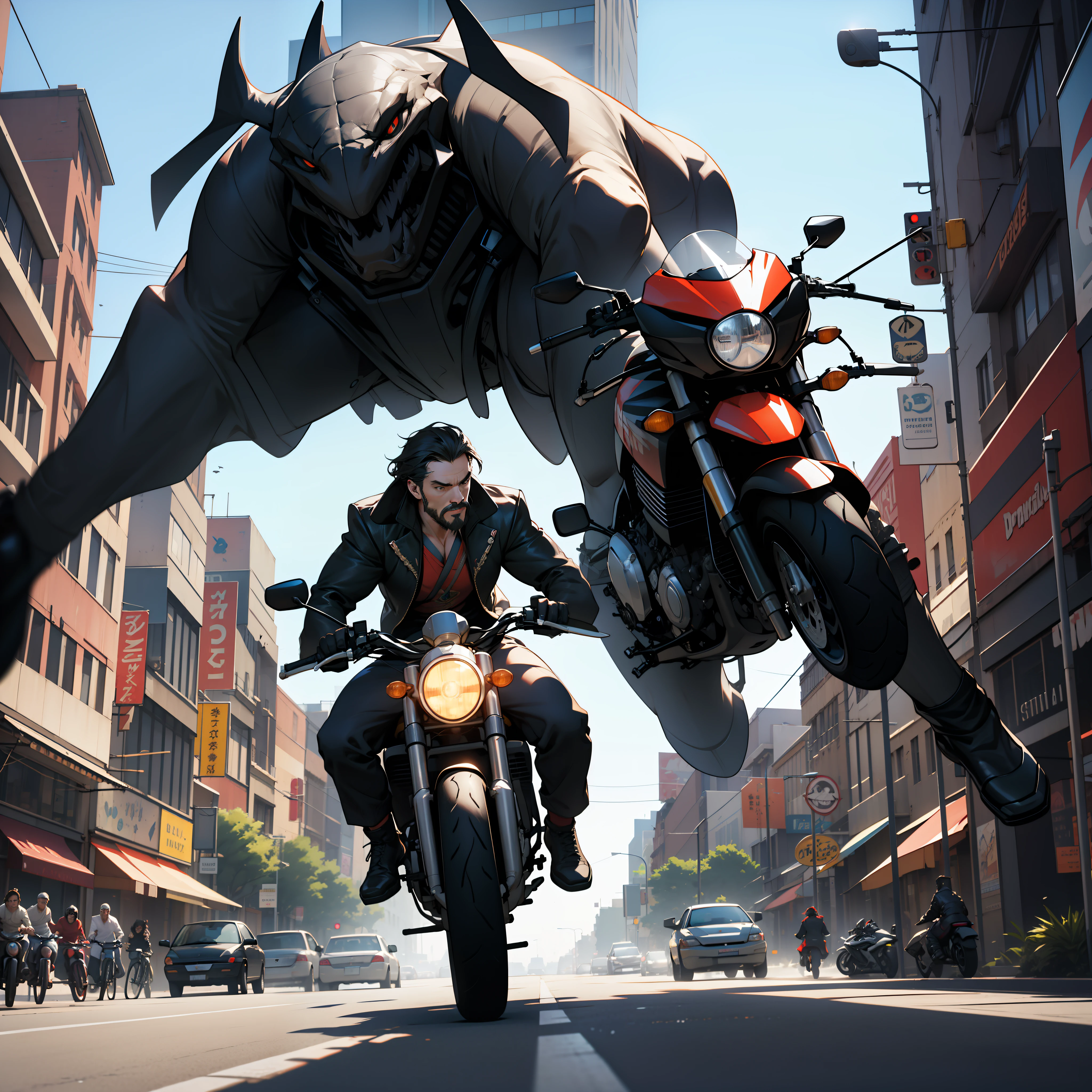 doctor strange character, riding motorcycle fighting with enemy in the city,  downtown,epic composition, cinema4d, digital art, Artstation.