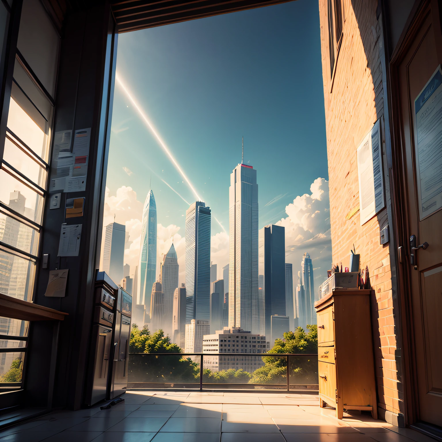 rays of energies, modern city, creative society, realistic, realism, positivity, happiness, many details, in detail --auto