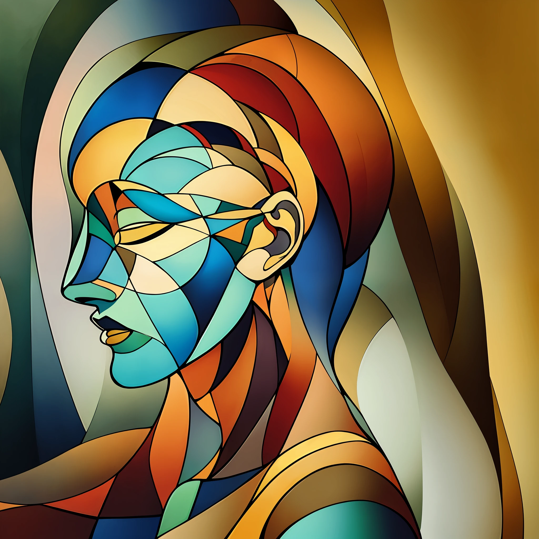 (Masterpiece), Sleeping woman, minimalist, mosaic, solo, portrait, cubism, (TogaHimiko:0.8), yellow bun, green and yellow skin color, (splash art), face painting, surreal, abstract, facial focus, [profile | front: 10],