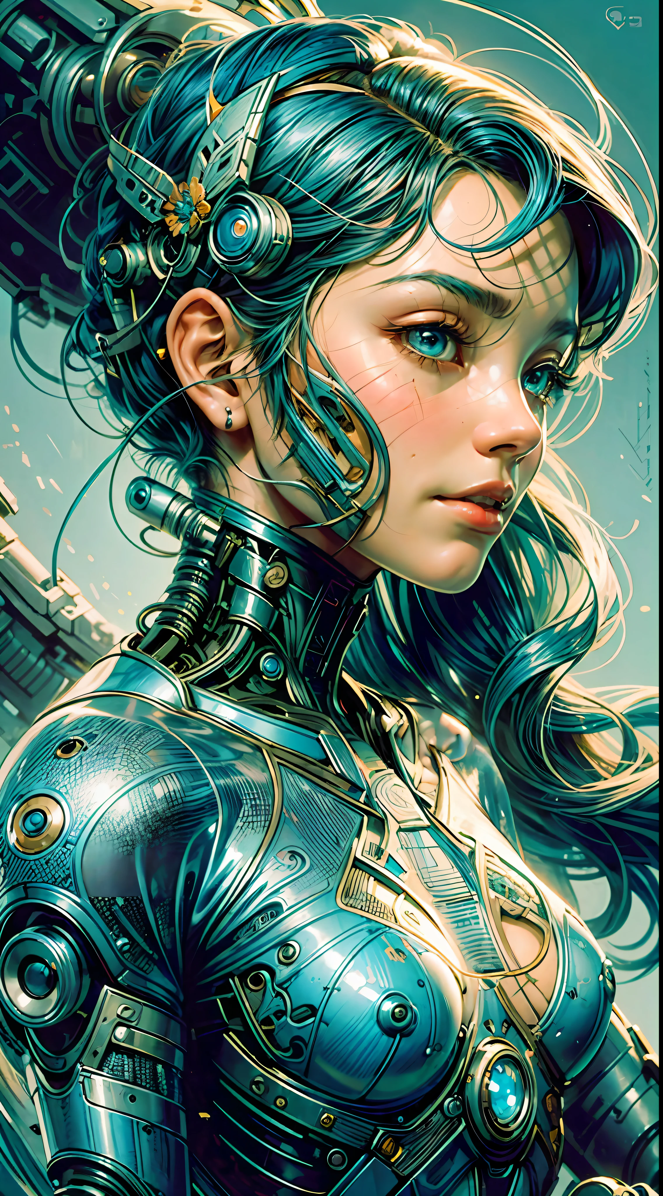 painting of a cyborg woman with a blue hair and a flower in her hair with cyber arms de costas, artgerm and james jean, anna dittmann alberto vargas, in style of anna dittmann, beautiful retro art, a beautiful artwork illustration, inspired by James Jean, james jean and wlop, james jean soft light 4 k, james jean soft light 4k, beautiful digital artwork