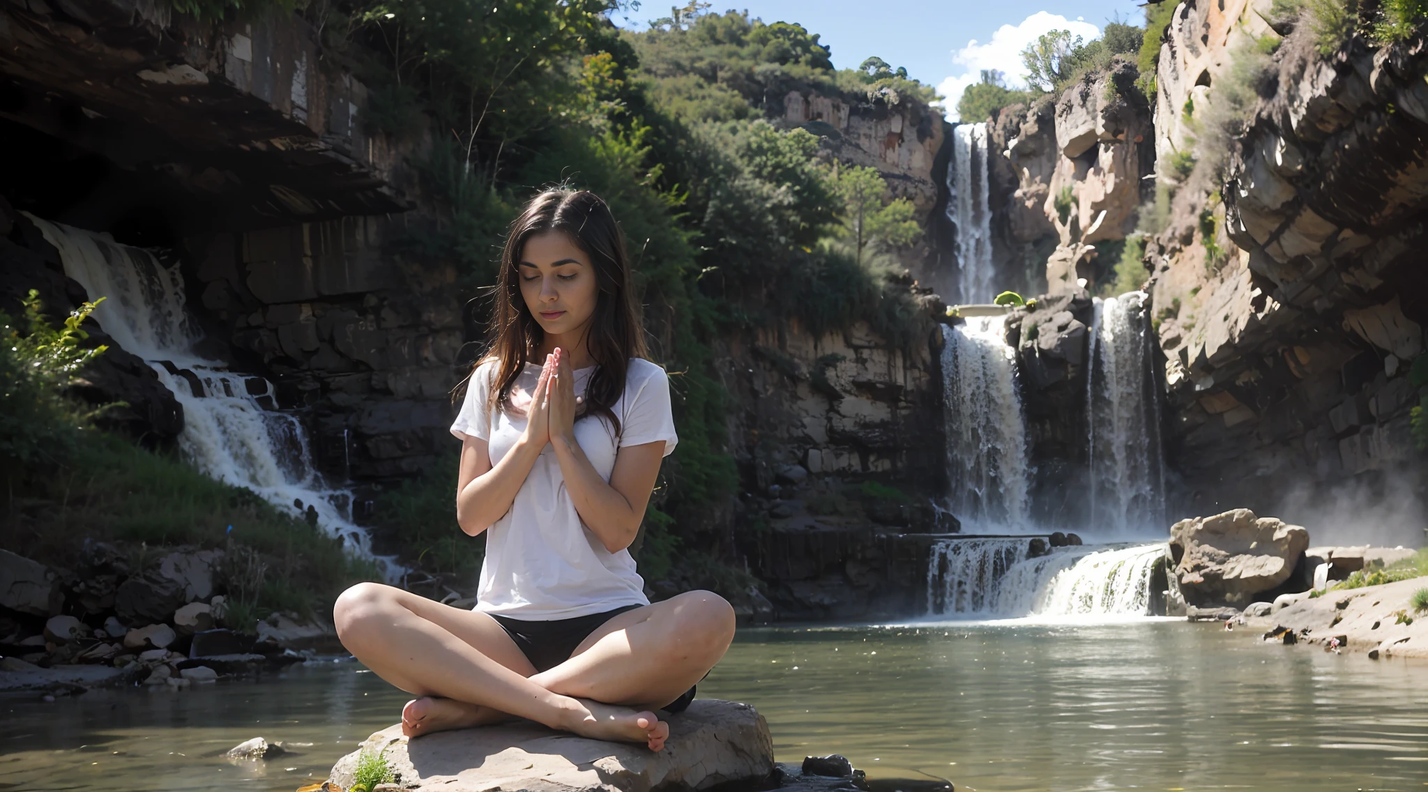 Masterpiece, best quality, best quality, ultra high res, 1girl sitting on a rock in front of a waterfall doing yoga, hands as a prayer, beautiful picture, beautiful, stunning image, next to a waterfall, stunning visual, with waterfalls, with trees and waterfalls, beautiful, ancient ruins and waterfalls, bathe in a waterfall, Beautiful landscapes, Lotus pose, Waterfalls and lakes, quiet, with waterfalls and river, beautiful view