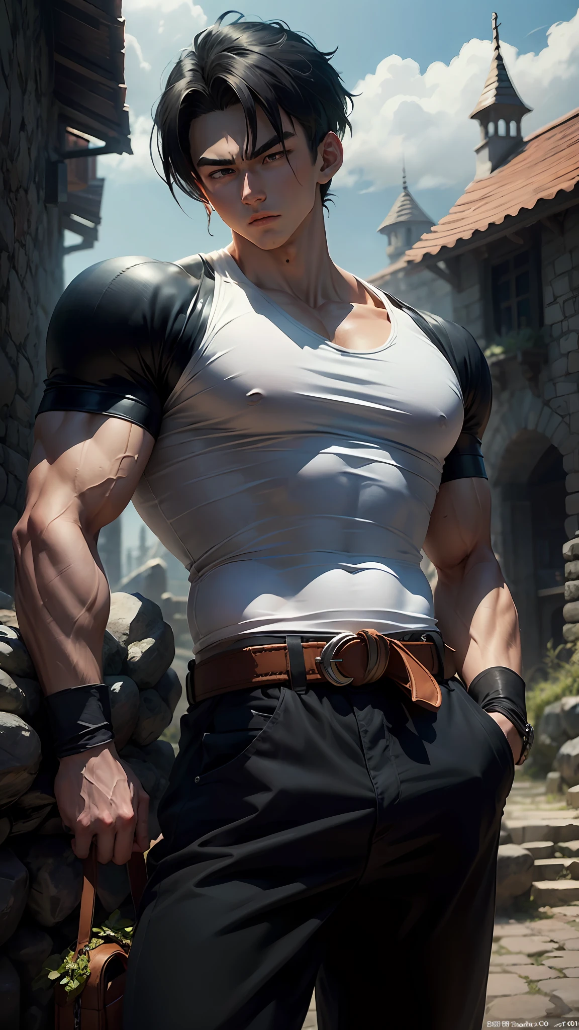 A 20-year-old gohan, wearing a white shirt and black belt, is a character from the Dragon Ball series. Dark old castle landscape. Standard body, finger drawing, beautiful double eyelids, handsome face, gliulian art style, highly detailed official artwork, jin shan, official art --auto