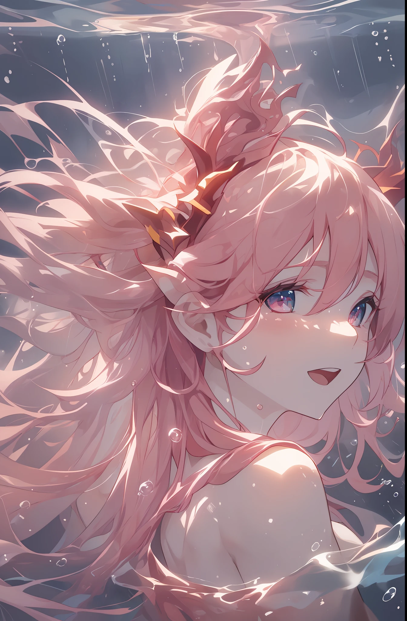 (2D Animation Style: 1.4), (Japanese Animation: 1.9), HD, (Golden Lighting: 1, 4), White Skin, Full Image Light, Horns, (Clear Eyes), White Sunlight, Hair Glow, (((Falling Rain: 1.2), Sunlight, Sun, Waves, (Water Surface), Close Up, Back, Back Turn, Glowing, Long Pink Hair, Clear Eyes, Prayer, Looking at the Girl from the Side, Side, Holy Light, (Clear Clothes), Underwater, laughter 😆😆😆😆, bubbles, (water divergence), (air divergence)