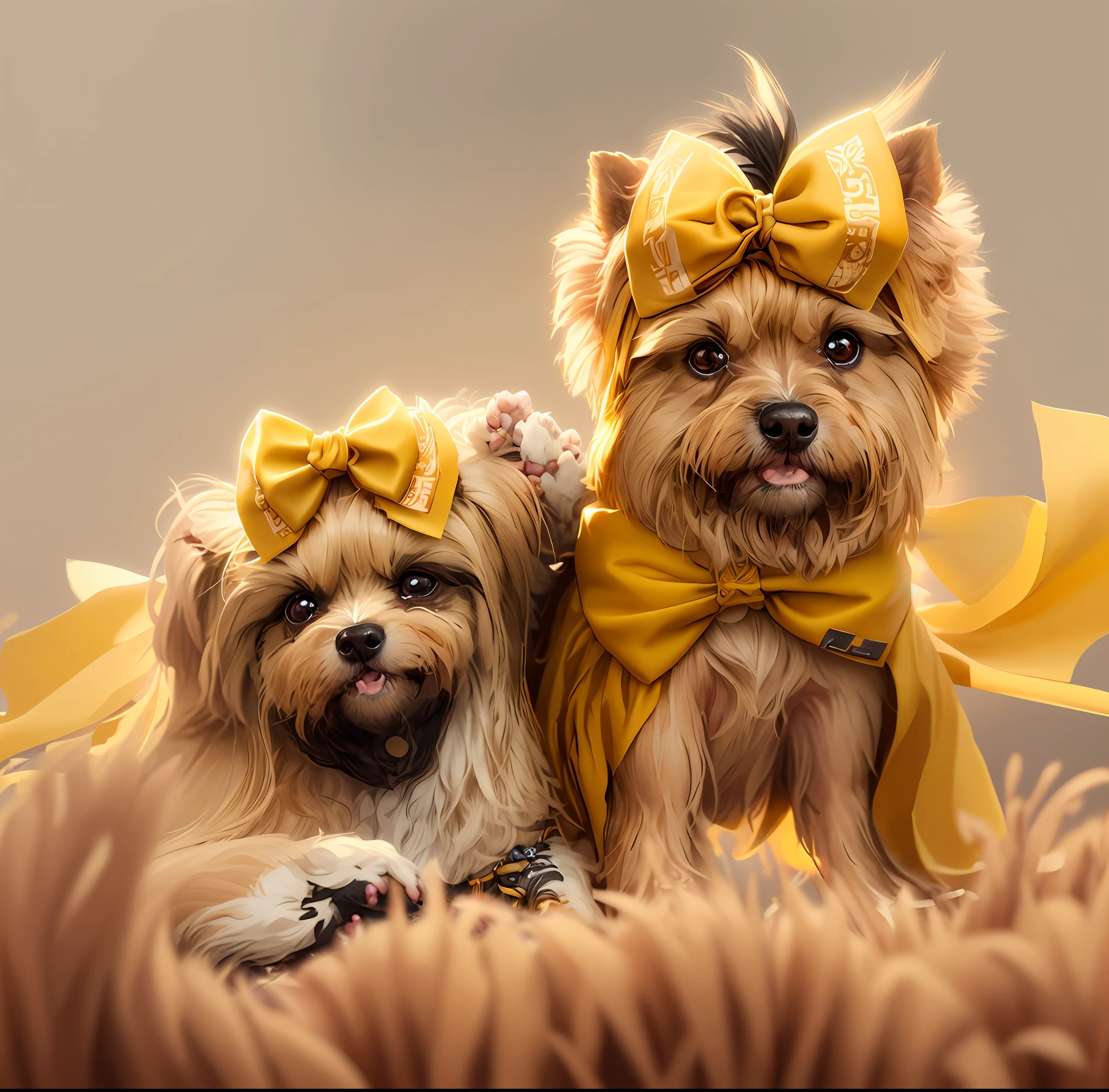 Two dogs with bows and bows on their heads, bowknot, Yorkshire terrier, wearing yellow wheat gauze, Sha XI, happy, jojo, wavy hair yellow theme, loli, with yellow cloths, cutest, bright golden hour, elegant yellow skin, bright and sunny, 2 0 2 0 fashion