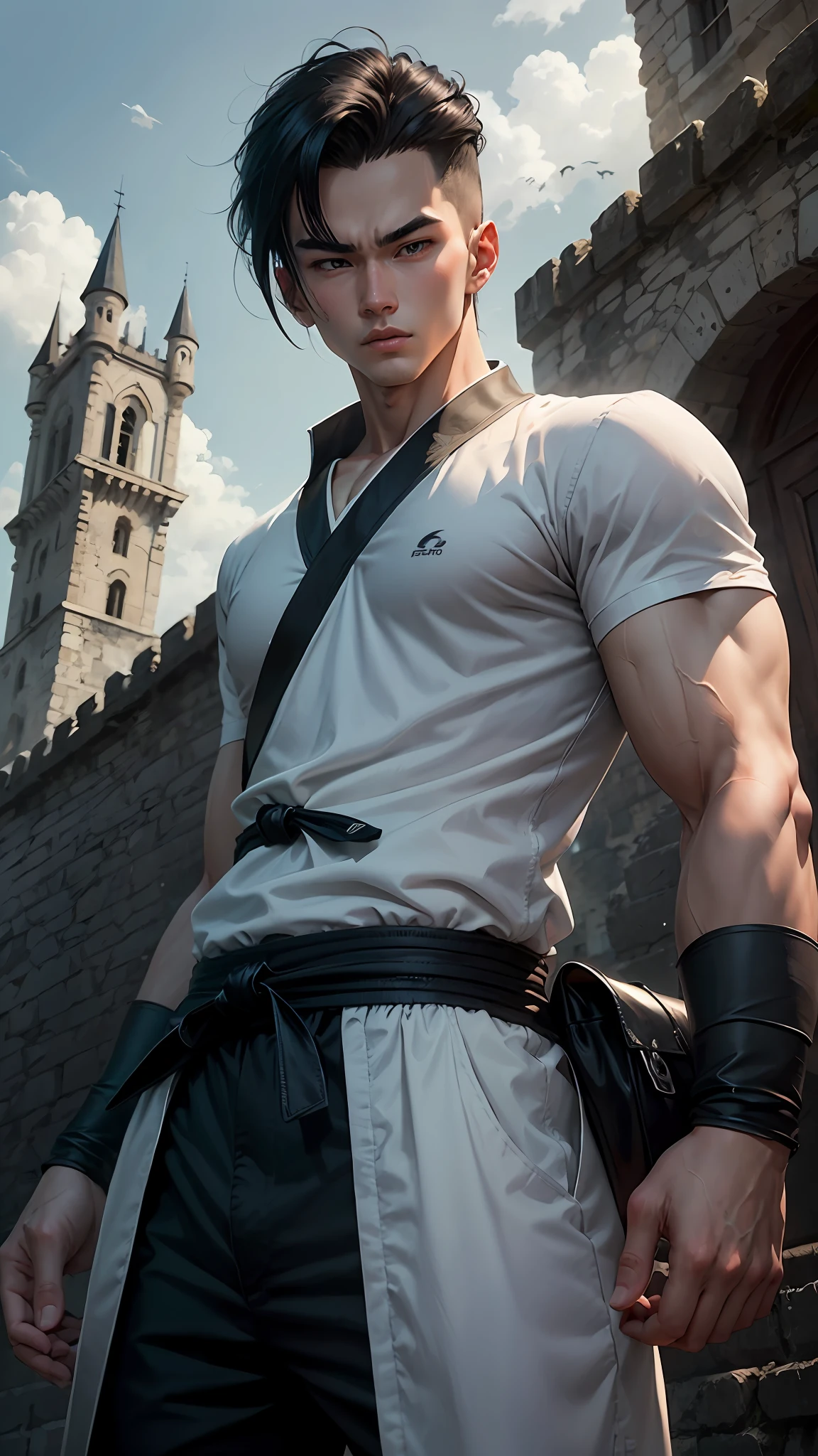 A 20-year-old gohan, wearing a white shirt and black belt, is a character from the Dragon Ball series. Dark old castle landscape. Standard body, finger drawing, beautiful double eyelids, handsome face, gliulian art style, highly detailed official artwork, jin shan, official art --auto