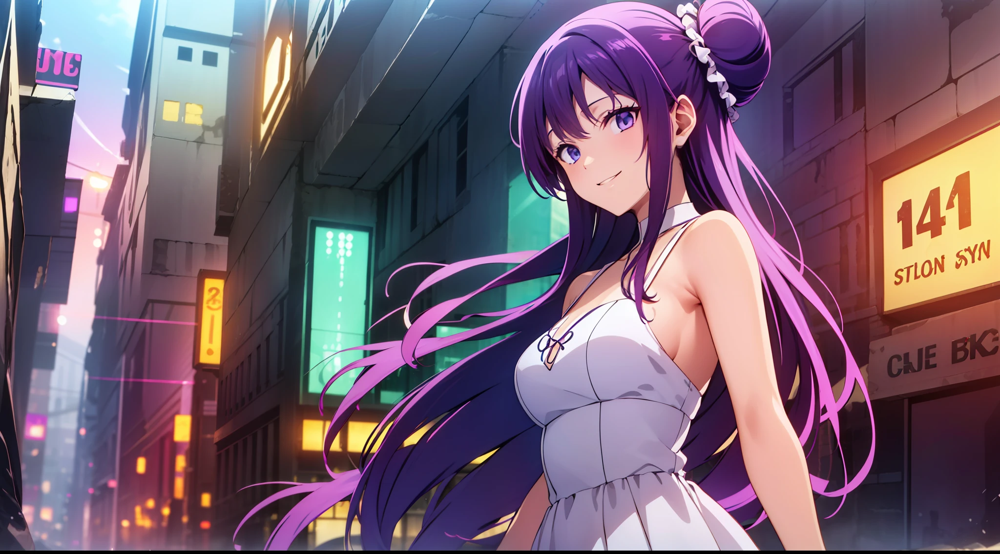 (((Tycia oldin))) wallpaper 4k, 4k ((wallpaper masterpiece)) (splash art style), holding gun, 8k, anime coloring, looking at viewer ((purple hair)), smiling, cyberpunk city background, ((zombies in the background)), splash art high quality, Tycia oldin art, cute dress, mexican themed dress, wallpaper, ((neon city)) white cloth dress, ((white silk dress)) ((4k)) ((best qulity)) ((purple long hair)) blue eyes, Buns