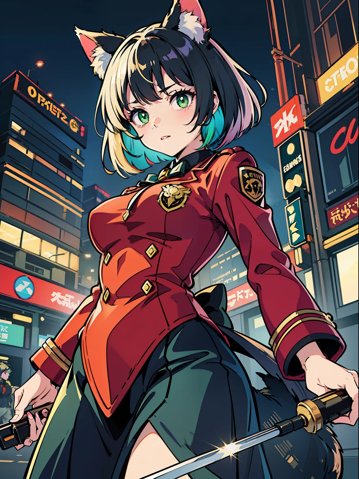 Detailed image of a cat girl in a black mask (short green bob hair, green eyes) confronting great evil. Mask and ear design: The mask is black with silver and gold decorations and sharp cat eyes embroidered or printed. The ears faithfully reproduce the shape of the cat's ears and have a shiny red coat. Costumes and poses: Cat girls wear red uniforms with a badge that reads "Justice Cat" on their chests. The uniform has a slim and simple design and is made of lightweight yet durable and elastic fabric. The cat girl is standing in an action-packed pose and holding a weapon (such as a bow gun or sword) in one hand. Background and Effects: The background of the illustration is a cityscape glowing in the dark. The building's street lamps and neon signs illuminate the cat girl and the great evil. In addition, there are flame and lightning-like effects around the cat girl, emphasizing her strength and fighting abilities. Break, Glitch Art, (Digital Distortion): 1.2, Pixelated Fragments, Data Corruption, Colorful Noise, Visual Confusion, Modern Aesthetics