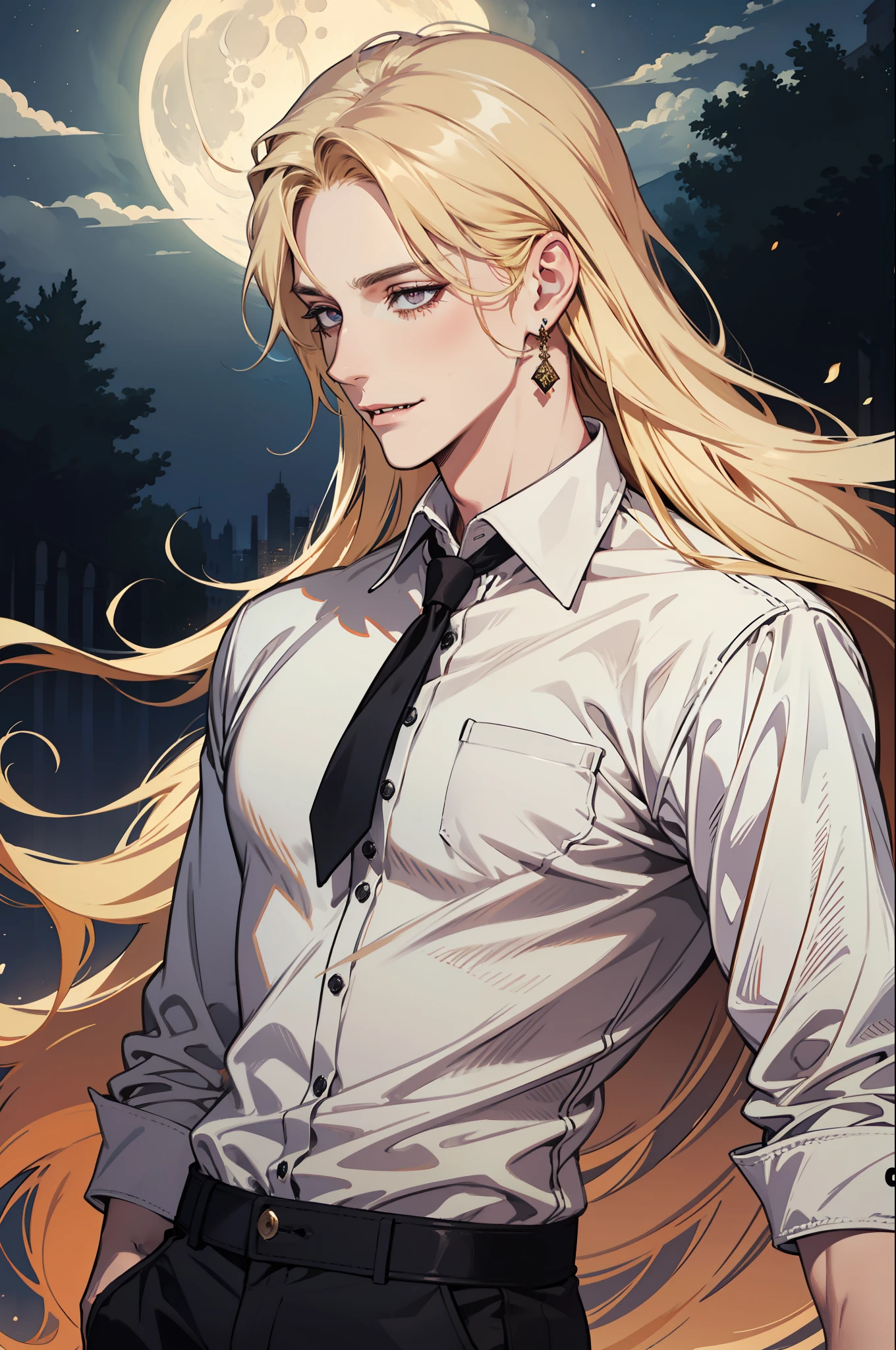 (absurdres, highres, ultra detailed), 1man, 30 years old man, adult man, handsome, tall,, finely detailed eyes and detailed face, leather pants, (((white shirt))), night, smile, dutch angle, ((long hair, blonde hair)), moon, gold details, earrings, gothic, vampire, vampire prince, dark, simple clothes, looking at the view, pale skin, red detailed eyes, (masculine), sexy, elegant, long bangs, detailed hands