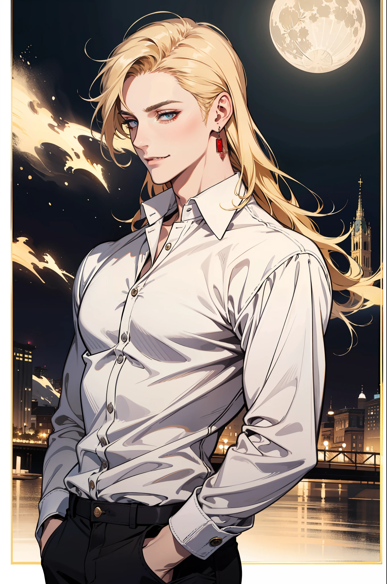 (absurdres, highres, ultra detailed), 1man, 30 years old man, adult man, handsome, tall,, finely detailed eyes and detailed face, leather pants, (((white shirt))), night, smile, dutch angle, ((long hair, blonde hair)), moon, gold details, earrings, gothic, vampire, vampire prince, dark, simple clothes, looking at the view, pale skin, red detailed eyes, (masculine), sexy, elegant, long bangs, detailed hands