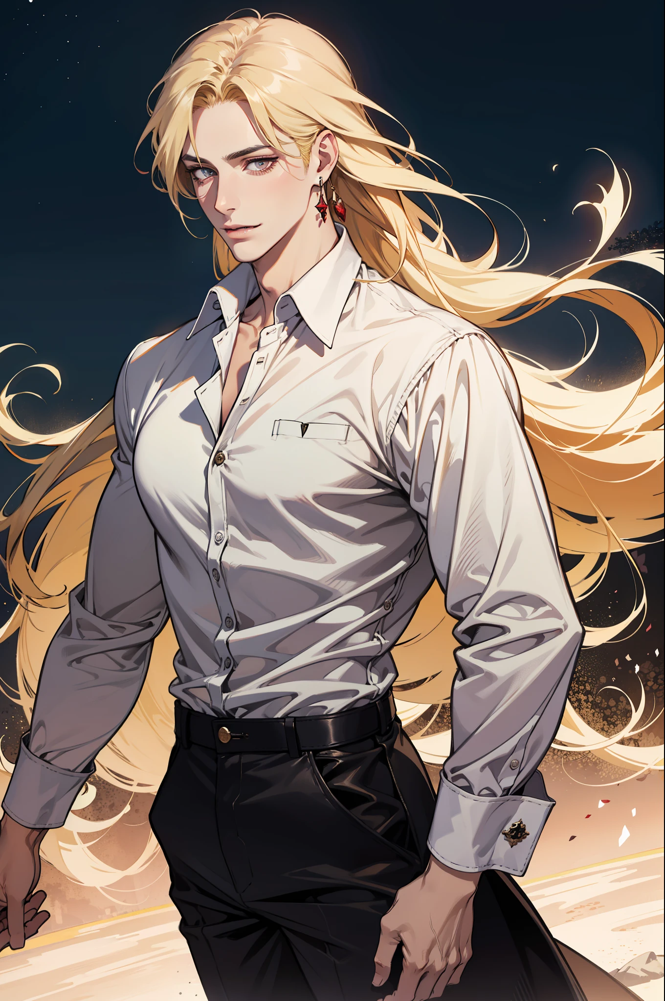 (absurdres, highres, ultra detailed), 1man, 30 years old man, adult man, handsome, tall,, finely detailed eyes and detailed face, leather pants, (((white shirt))), night, smile, dutch angle, ((long hair, blonde hair)), moon, gold details, earrings, gothic, vampire, vampire prince, dark, simple clothes, looking at the view, pale skin, red detailed eyes, (masculine), sexy, elegant, long bangs, detailed hands